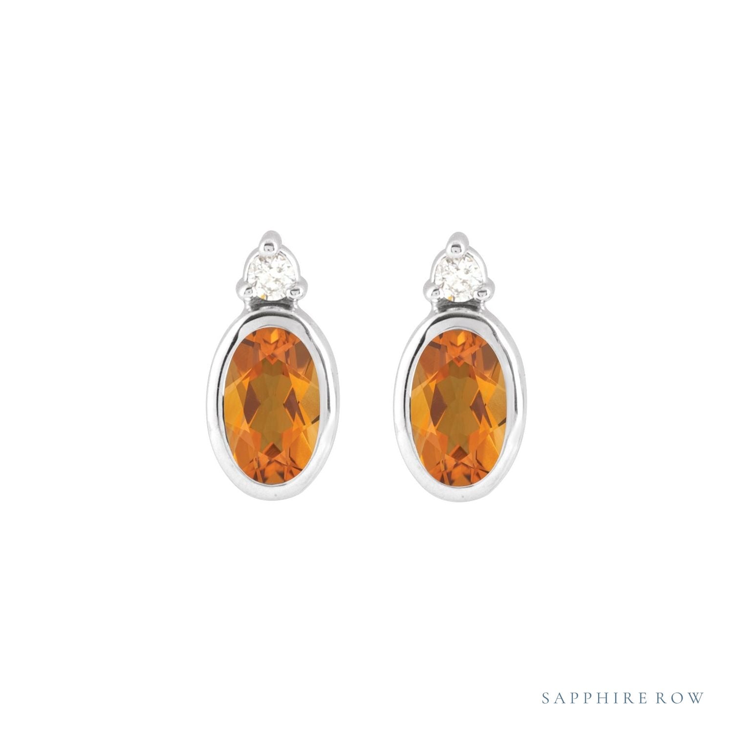 Sapphire Row Natural Gemstone Accented Bezel Earrings - Citrine, 14K White Gold, 5 x 3 mm (view 2)