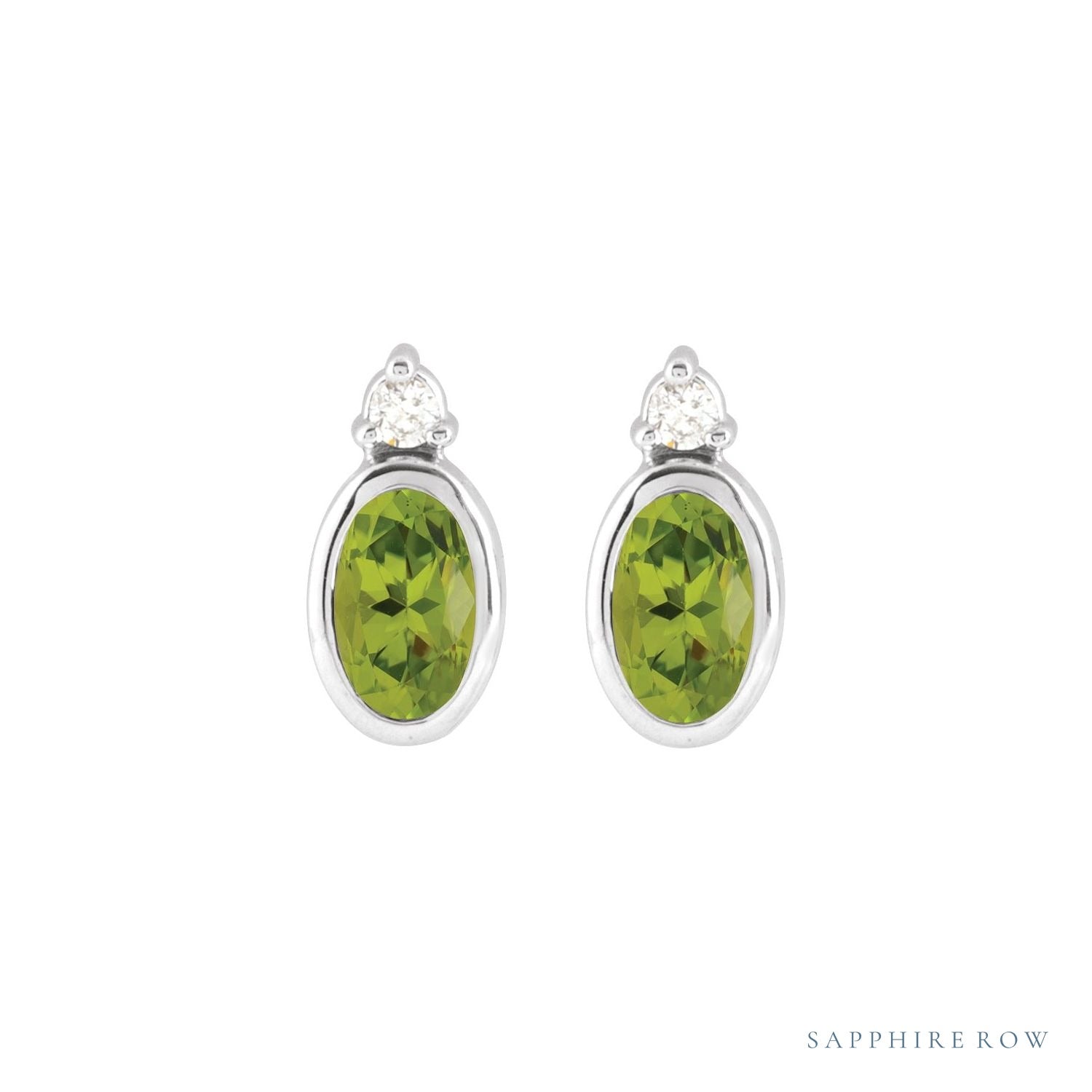 Sapphire Row Natural Gemstone Accented Bezel Earrings - Peridot, 14K White Gold, 5 x 3 mm (view 2)