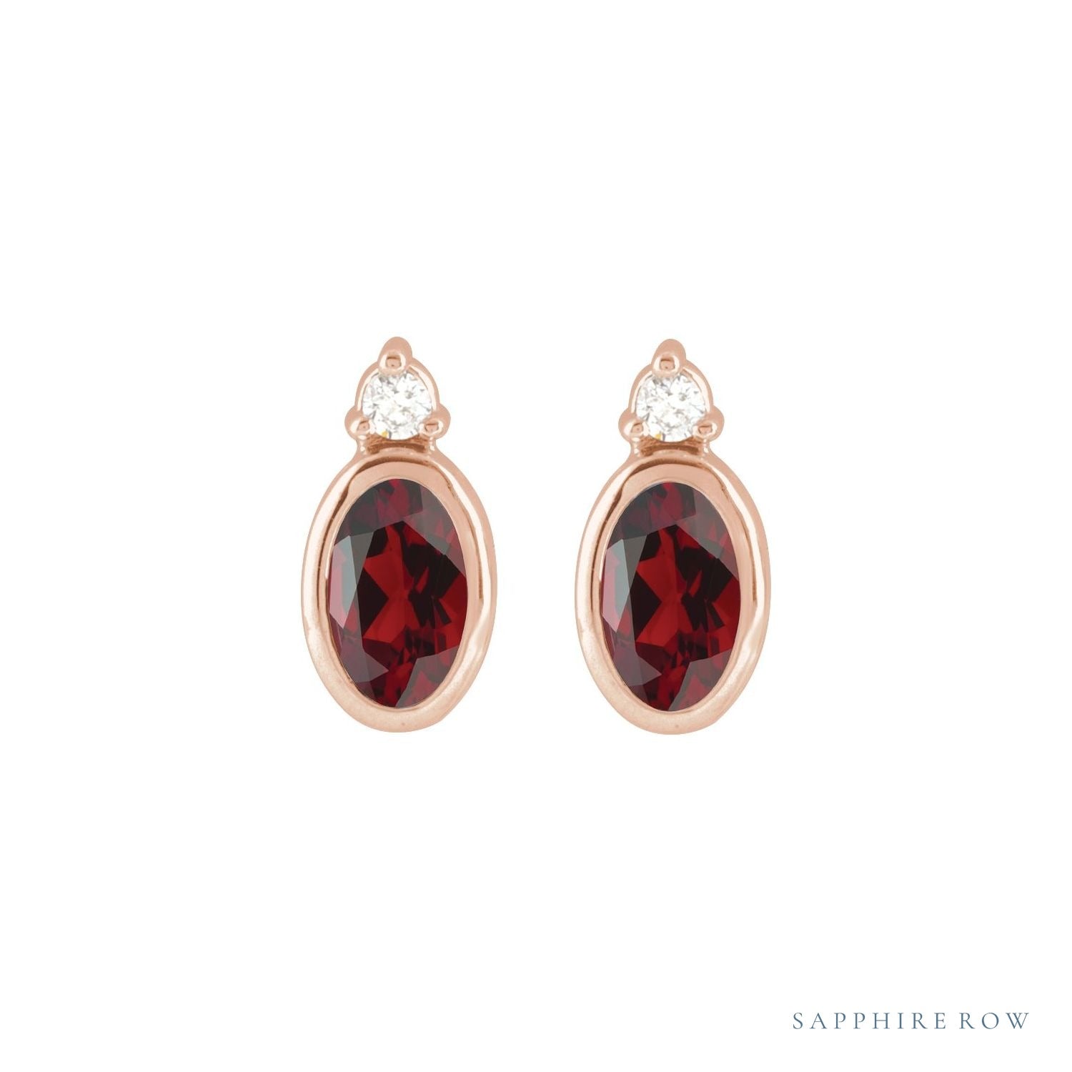 Sapphire Row Natural Gemstone Accented Bezel Earrings - Mozambique Garnet, 14K Rose Gold, 5 x 3 mm (view 2)