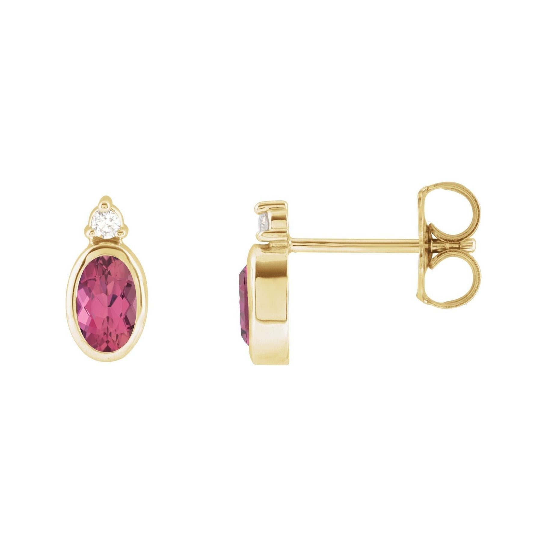 Sapphire Row Natural Gemstone Accented Bezel Earrings - Pink Tourmaline, 14K Yellow Gold, 5 x 3 mm