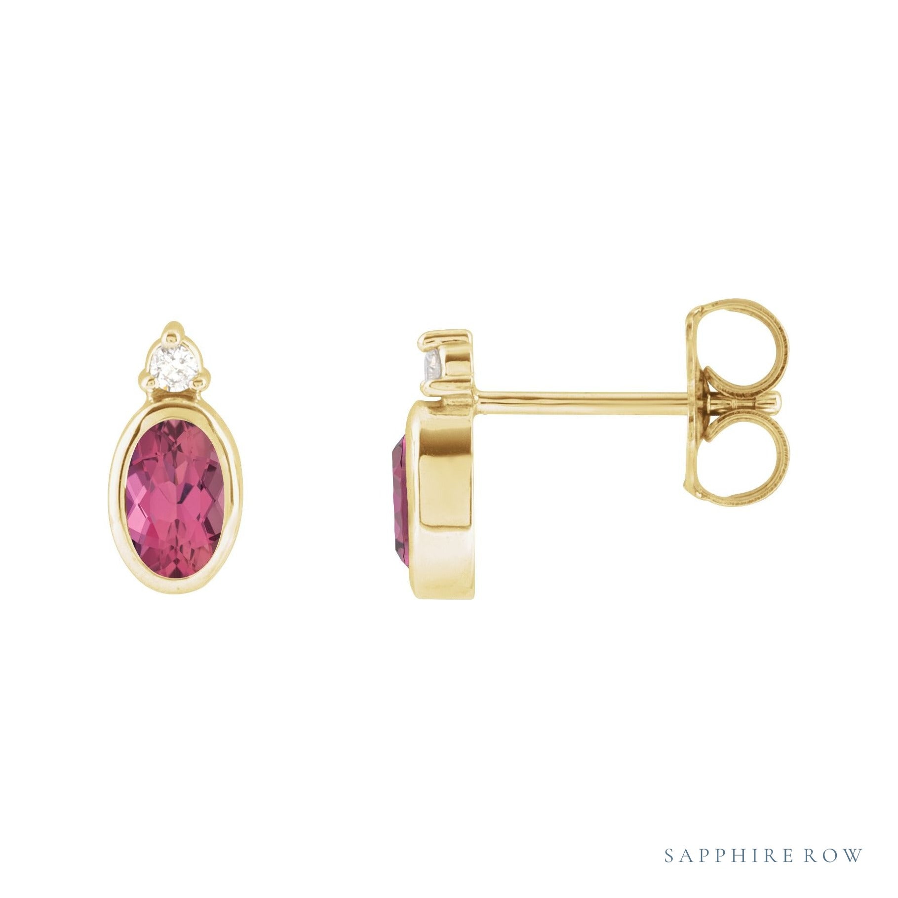 Sapphire Row Natural Gemstone Accented Bezel Earrings - Pink Tourmaline, 14K Yellow Gold, 5 x 3 mm