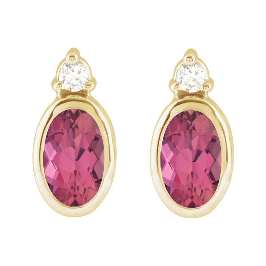 Sapphire Row Natural Gemstone Accented Bezel Earrings - Pink Tourmaline, 14K Yellow Gold, 5 x 3 mm (view 2)