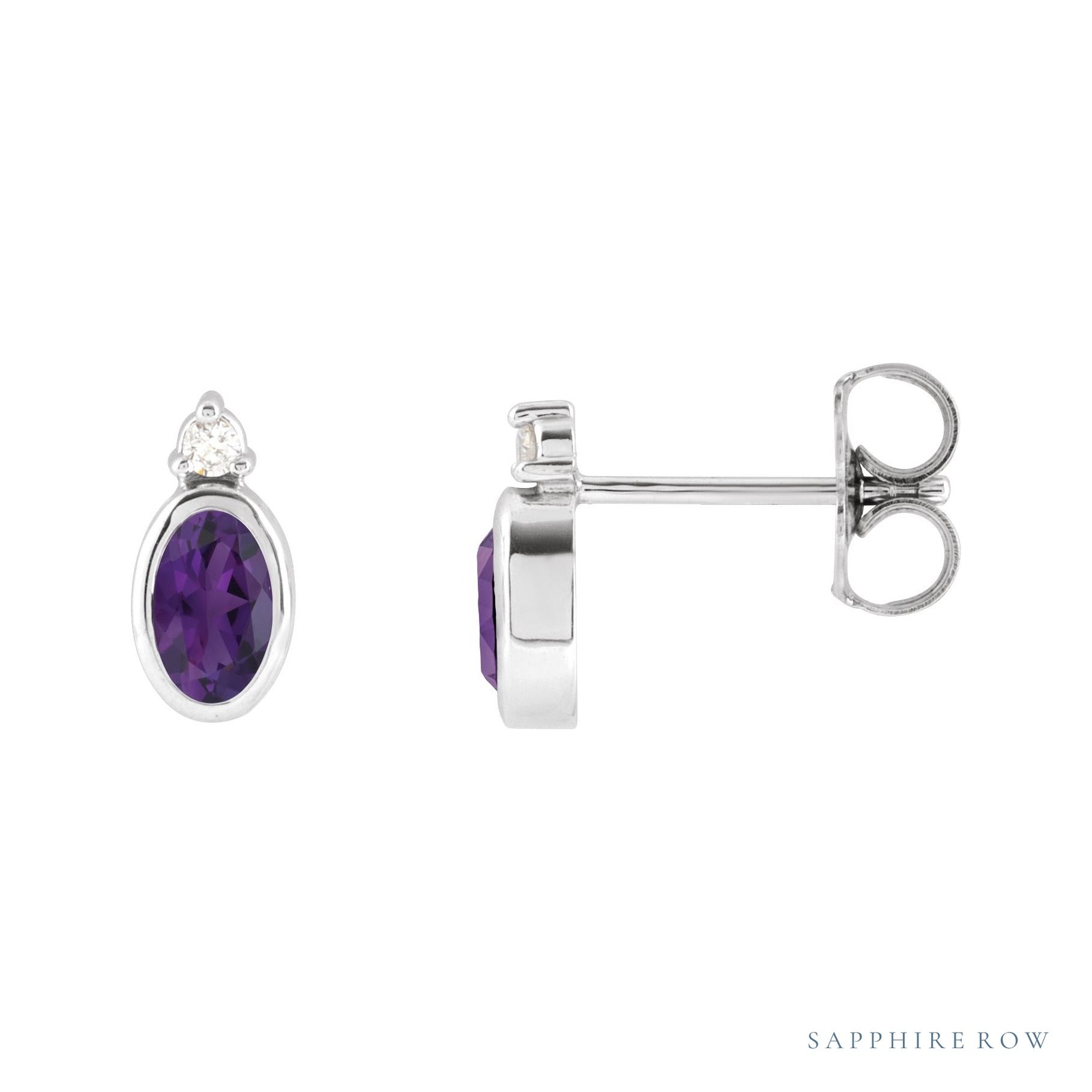 Sapphire Row Natural Gemstone Accented Bezel Earrings - Amethyst, 14K White Gold, 5 x 3 mm