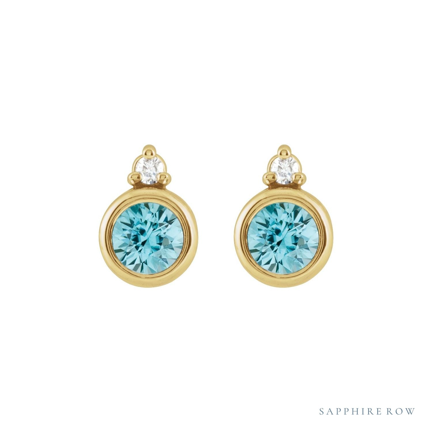 Sapphire Row Natural Gemstone Accented Bezel Earrings - Blue Zircon, 14K Yellow Gold, 4 mm (view 2)