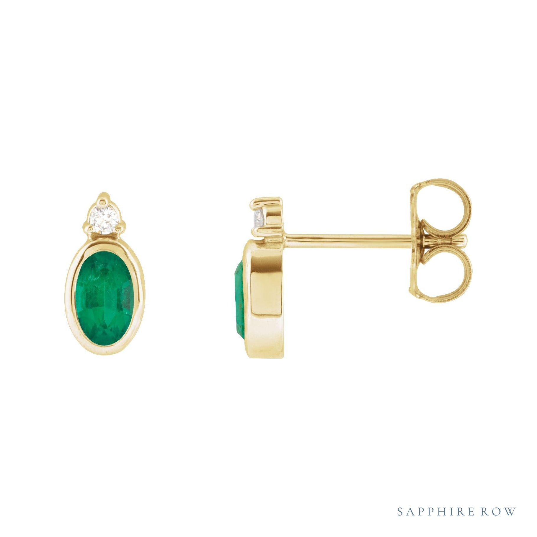 Sapphire Row Natural Gemstone Accented Bezel Earrings - Emerald, 14K Yellow Gold, 5 x 3 mm