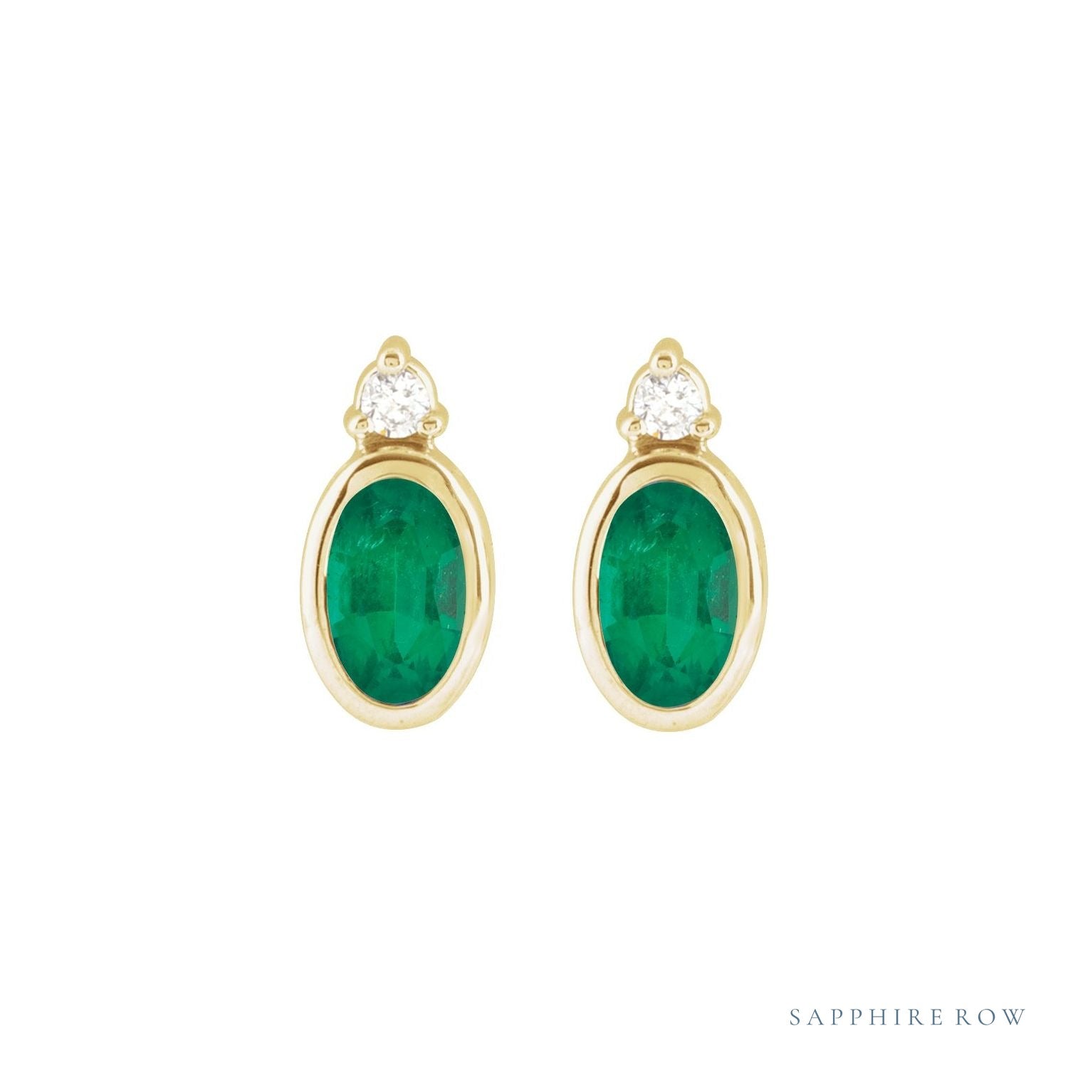 Sapphire Row Natural Gemstone Accented Bezel Earrings - Emerald, 14K Yellow Gold, 5 x 3 mm (view 2)
