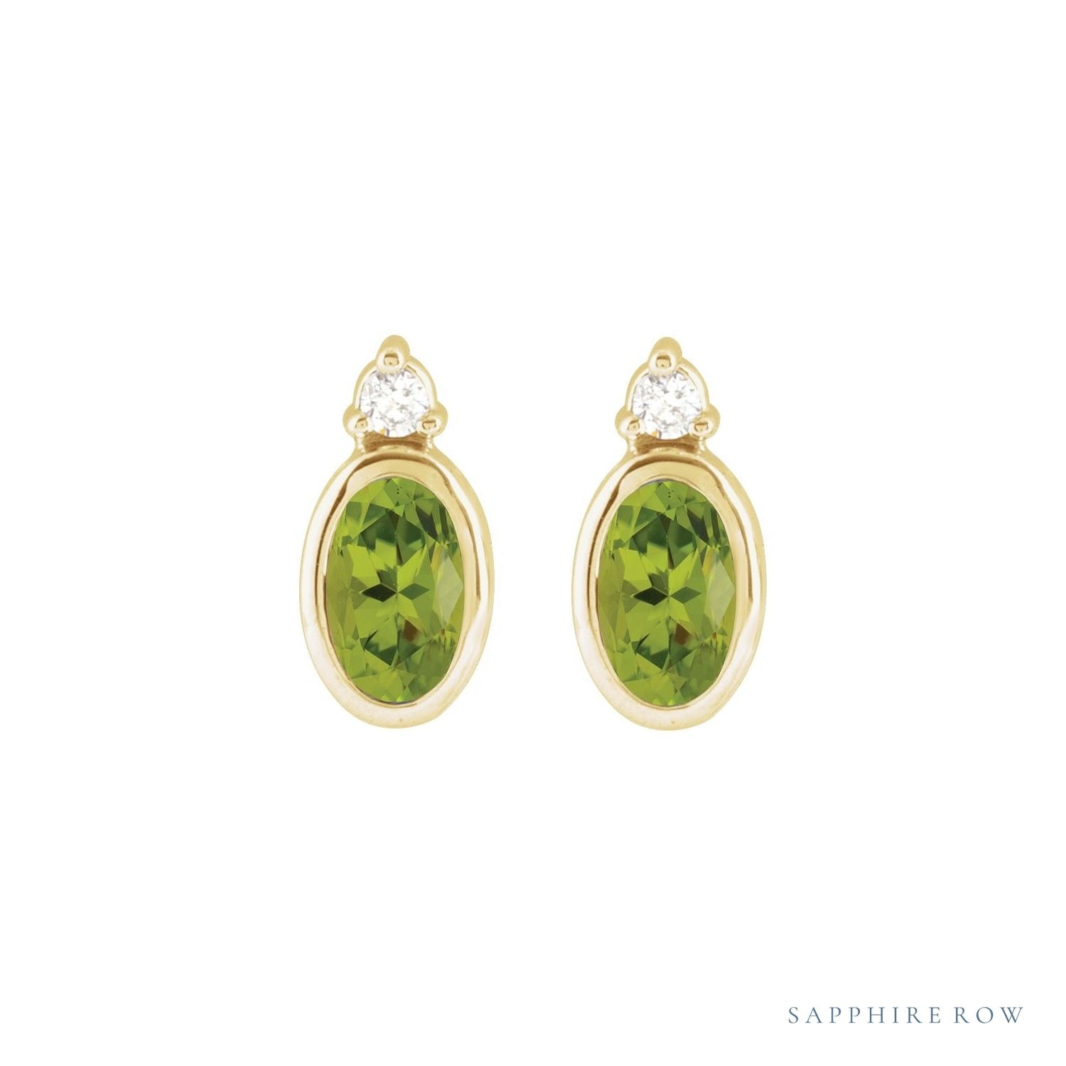 Sapphire Row Natural Gemstone Accented Bezel Earrings - Peridot, 14K Yellow Gold, 5 x 3 mm (view 2)