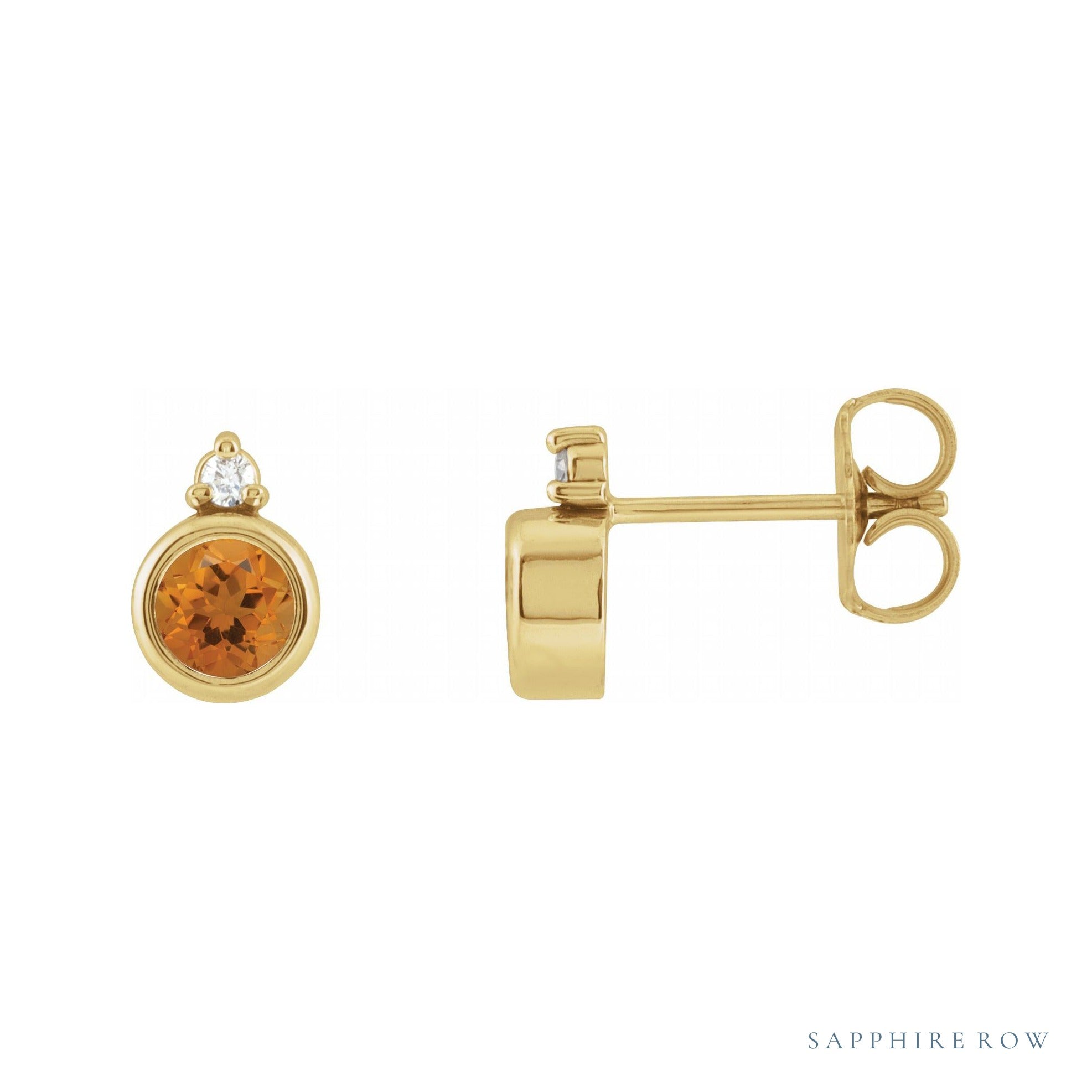 Sapphire Row Natural Gemstone Accented Bezel Earrings - Citrine, 14K Yellow Gold, 4 mm