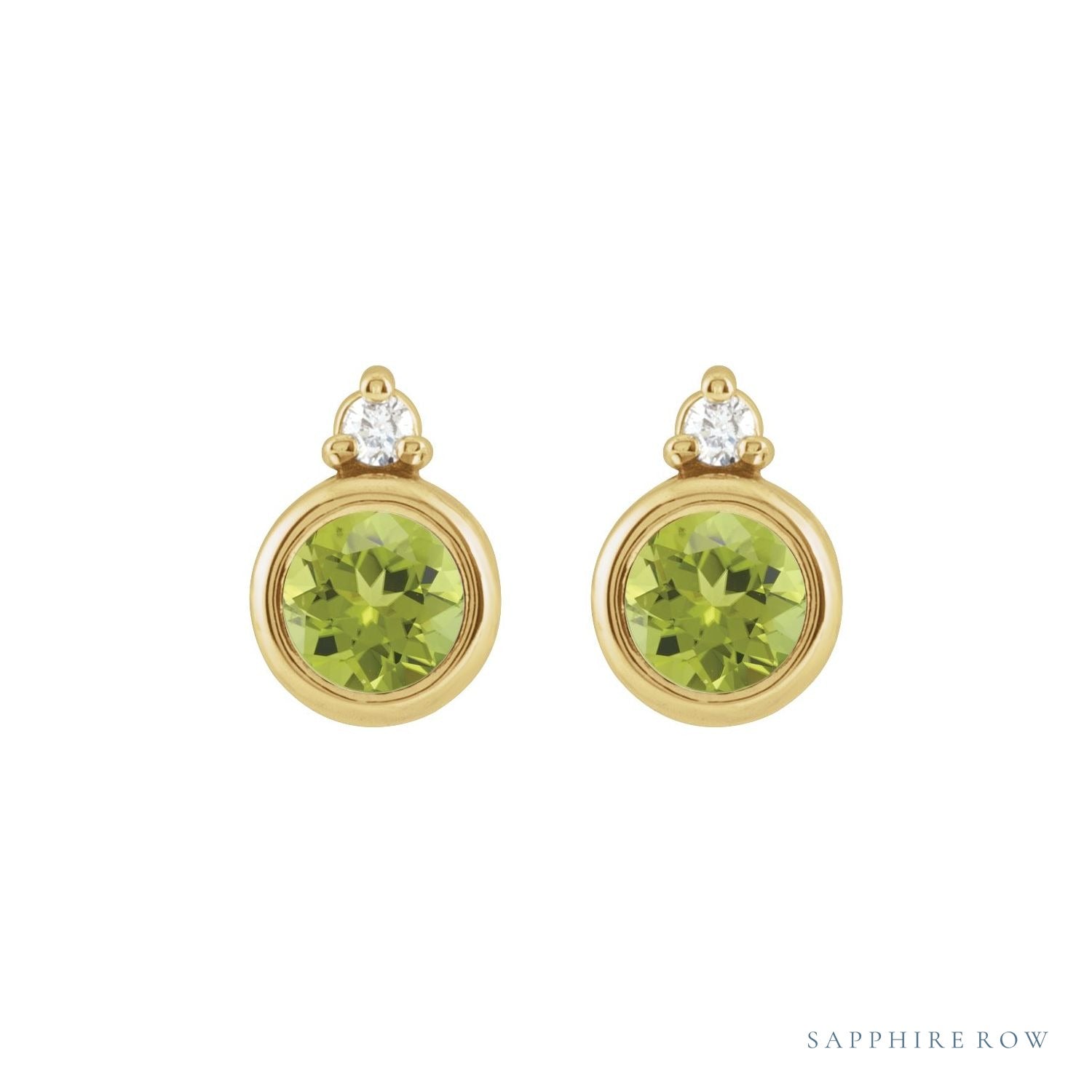 Sapphire Row Natural Gemstone Accented Bezel Earrings - Peridot, 14K Yellow Gold, 4 mm (view 2)