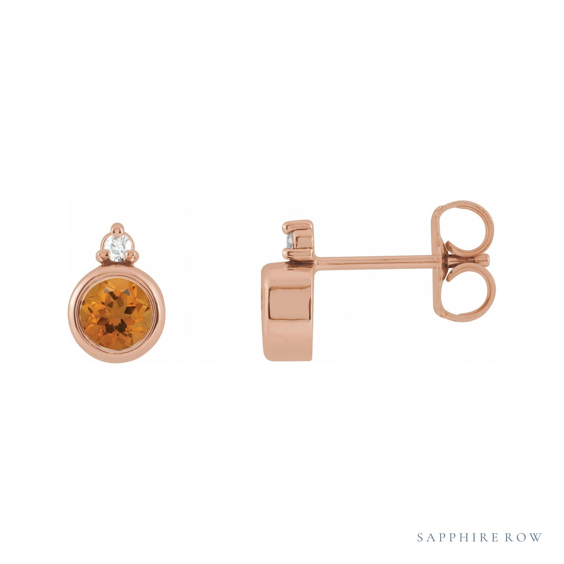 Sapphire Row Natural Gemstone Accented Bezel Earrings - Citrine, 14K Rose Gold, 4 mm