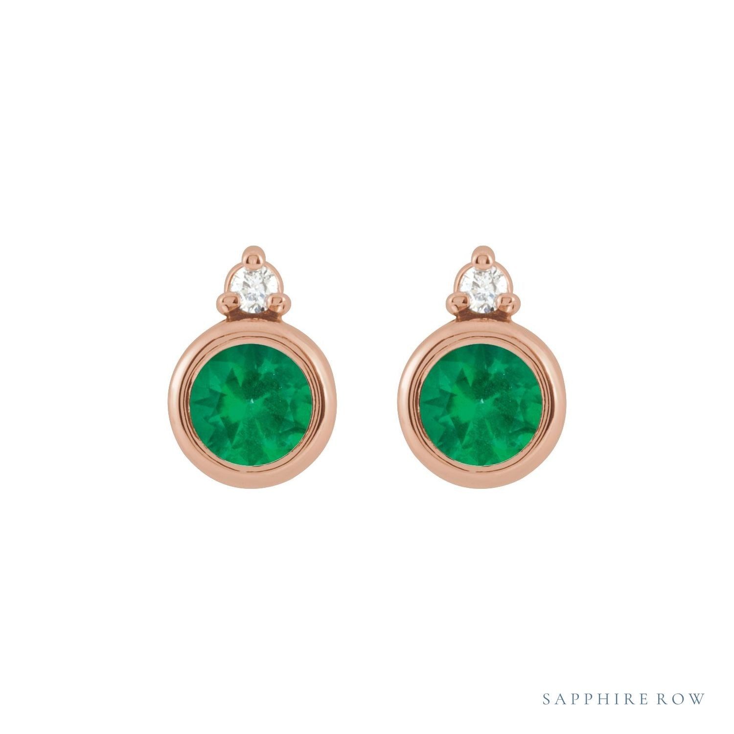 Sapphire Row Natural Gemstone Accented Bezel Earrings - Emerald, 14K Rose Gold, 4 mm (view 2)