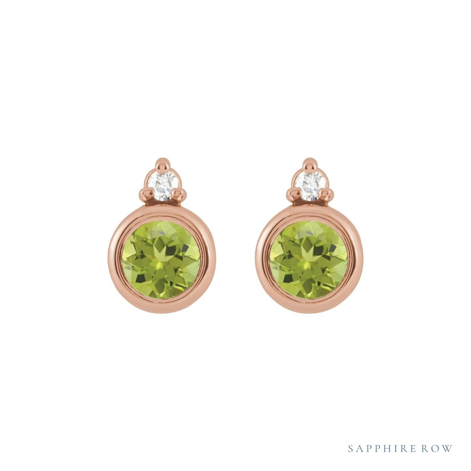 Sapphire Row Natural Gemstone Accented Bezel Earrings - Peridot, 14K Rose Gold, 4 mm (view 2)
