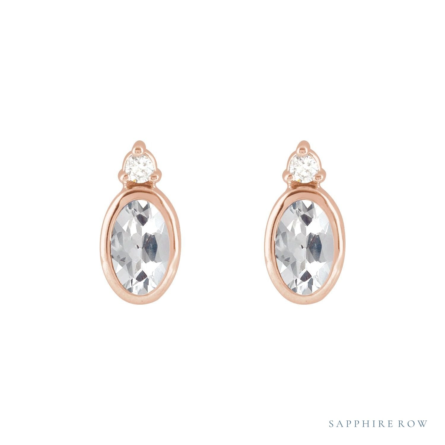 Sapphire Row Natural Gemstone Accented Bezel Earrings - White Sapphire, 14K Rose Gold, 5 x 3 mm (view 2)