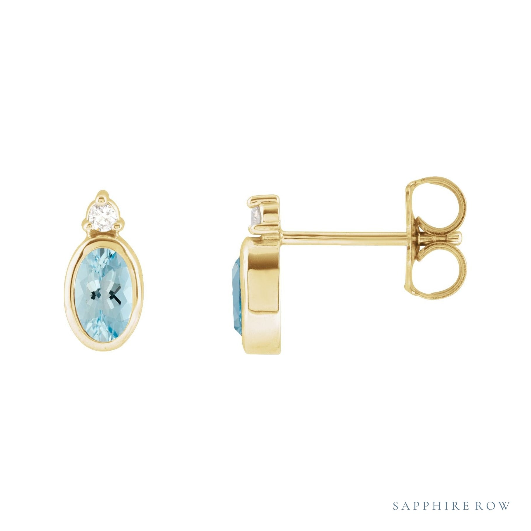 Sapphire Row Natural Gemstone Accented Bezel Earrings - Aquamarine, 14K Yellow Gold, 5 x 3 mm