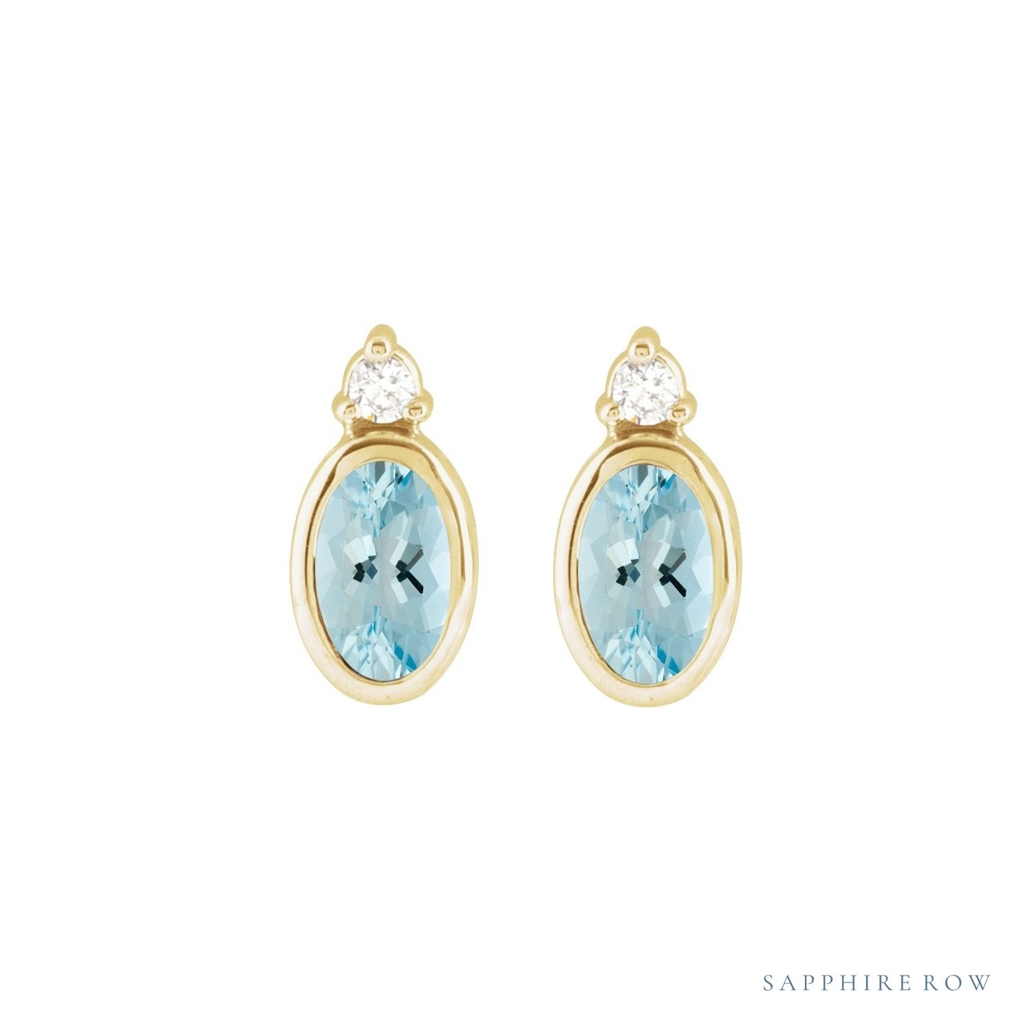 Sapphire Row Natural Gemstone Accented Bezel Earrings - Aquamarine, 14K Yellow Gold, 5 x 3 mm (view 2)