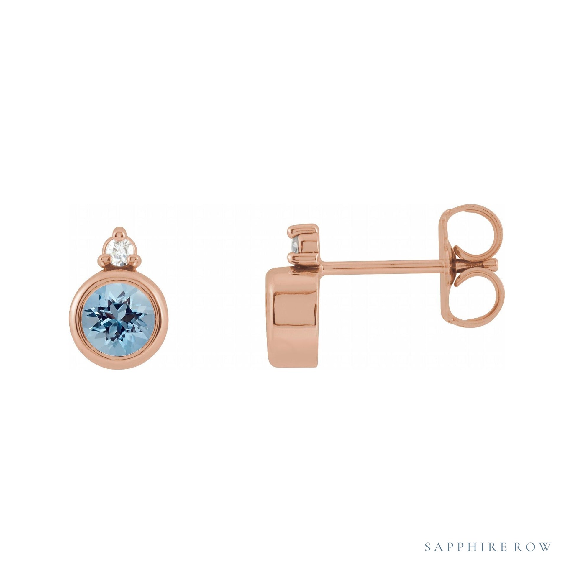 Sapphire Row Natural Gemstone Accented Bezel Earrings - Aquamarine, 14K Rose Gold, 4 mm