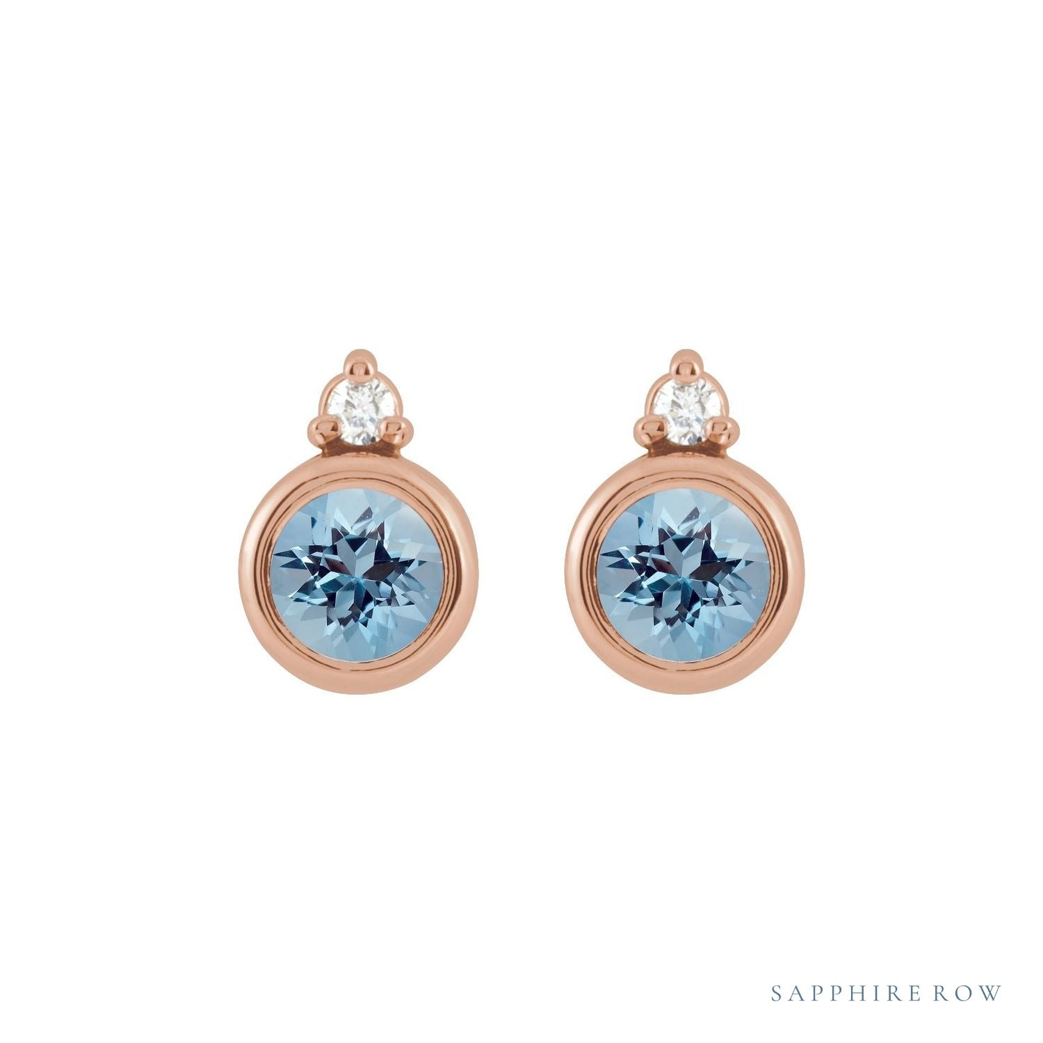 Sapphire Row Natural Gemstone Accented Bezel Earrings - Aquamarine, 14K Rose Gold, 4 mm (view 2)