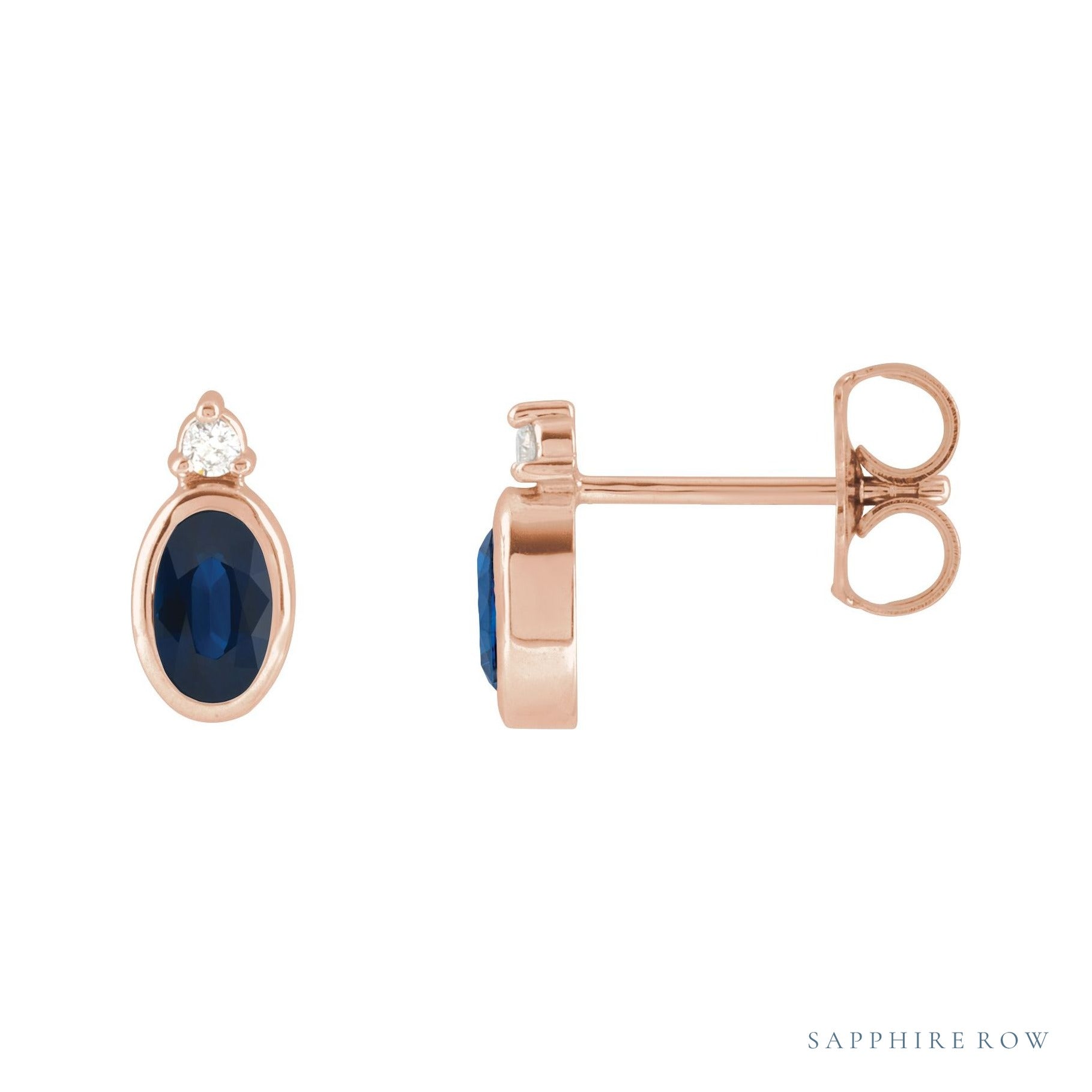 Sapphire Row Natural Gemstone Accented Bezel Earrings - Blue Sapphire, 14K Rose Gold, 5 x 3 mm