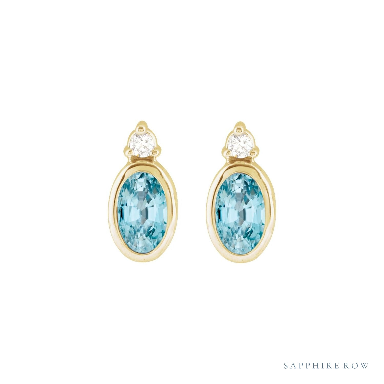 Sapphire Row Natural Gemstone Accented Bezel Earrings - Blue Zircon, 14K Yellow Gold, 5 x 3 mm (view 2)