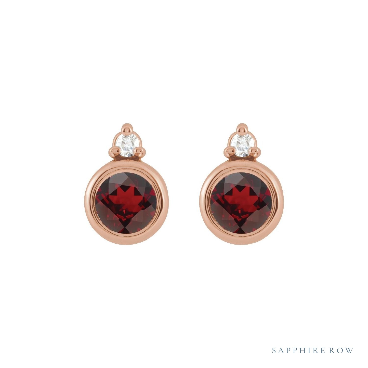 Sapphire Row Natural Gemstone Accented Bezel Earrings - Mozambique Garnet, 14K Rose Gold, 4 mm (view 2)