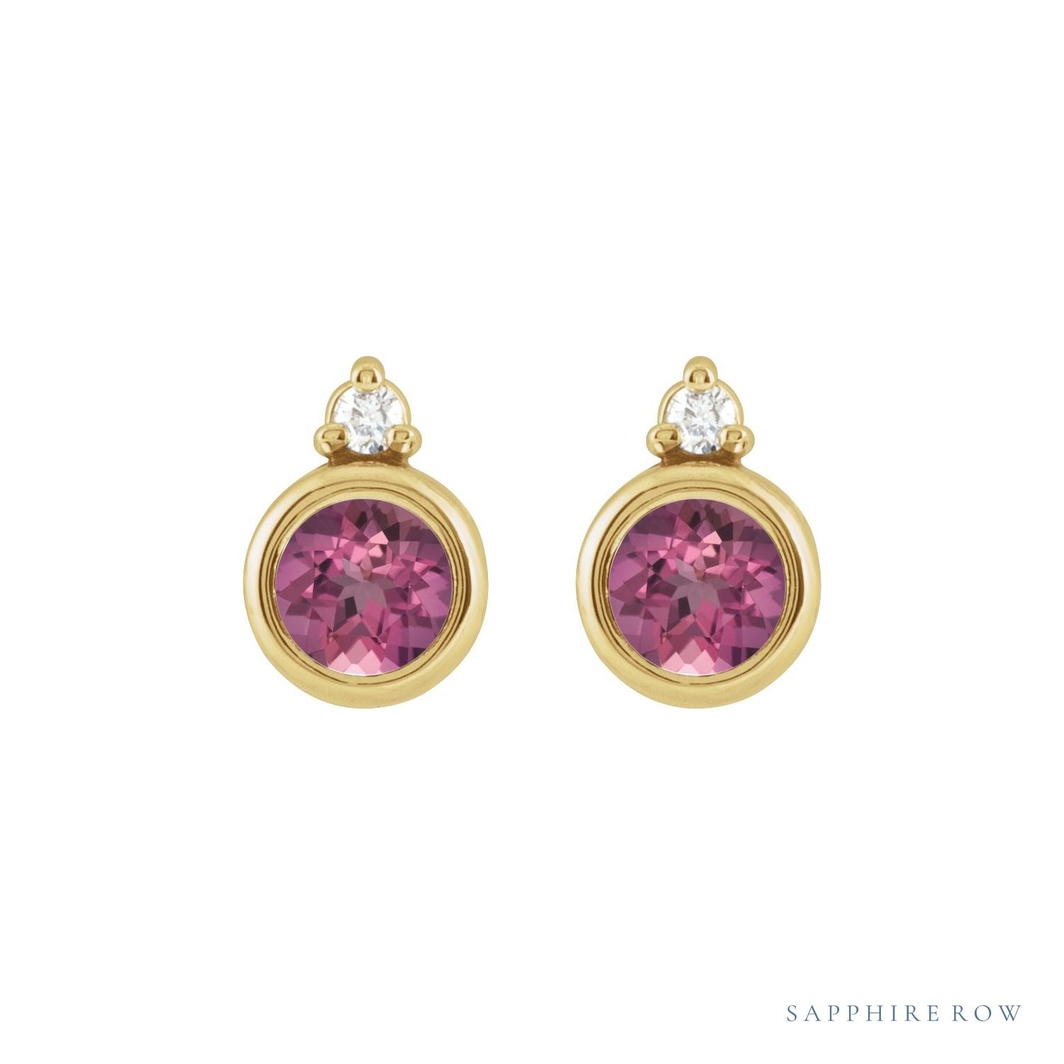 Sapphire Row Natural Gemstone Accented Bezel Earrings - Pink Tourmaline, 14K Yellow Gold, 4 mm (view 2)