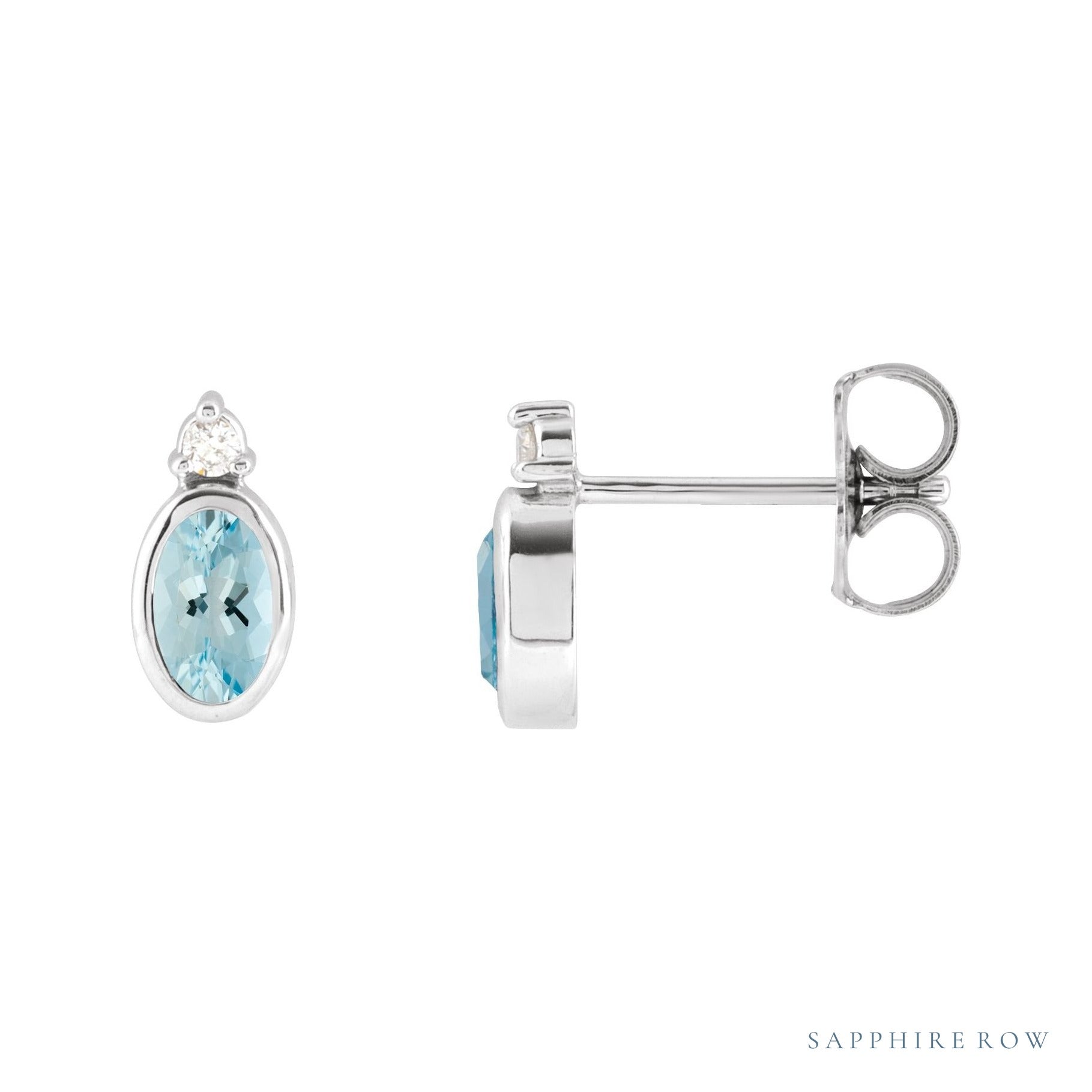 Sapphire Row Natural Gemstone Accented Bezel Earrings - Aquamarine, 14K White Gold, 5 x 3 mm