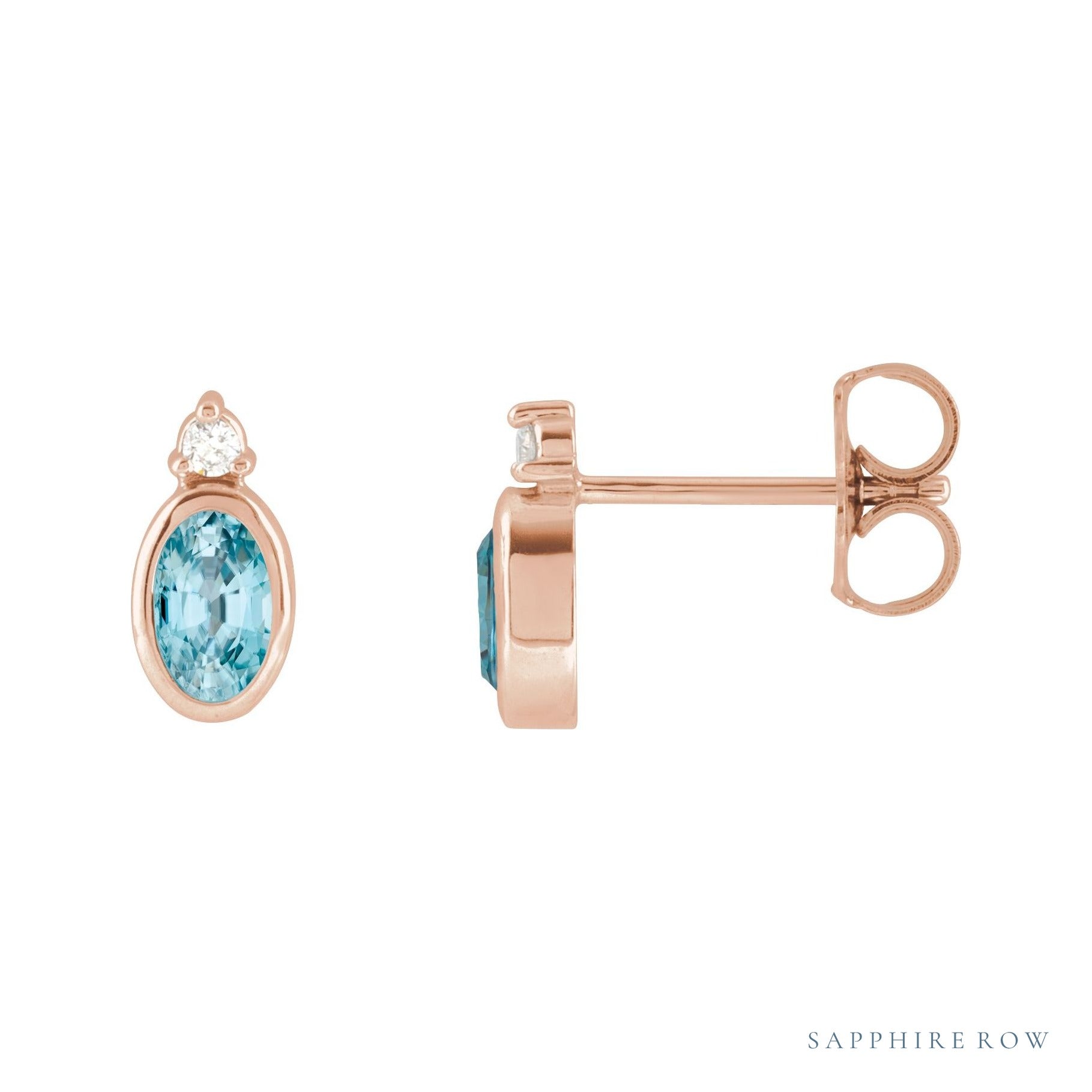 Sapphire Row Natural Gemstone Accented Bezel Earrings - Blue Zircon, 14K Rose Gold, 5 x 3 mm