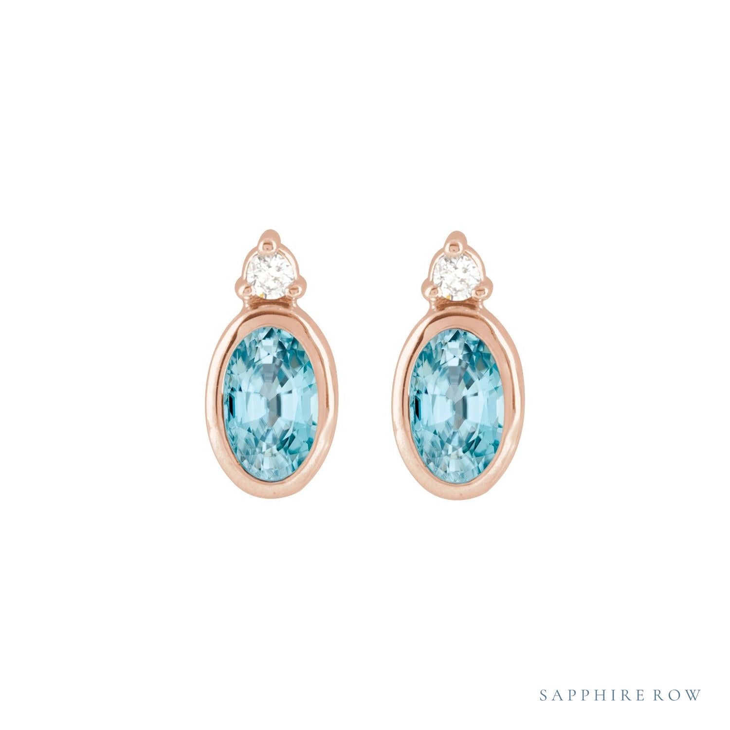 Sapphire Row Natural Gemstone Accented Bezel Earrings - Blue Zircon, 14K Rose Gold, 5 x 3 mm (view 2)