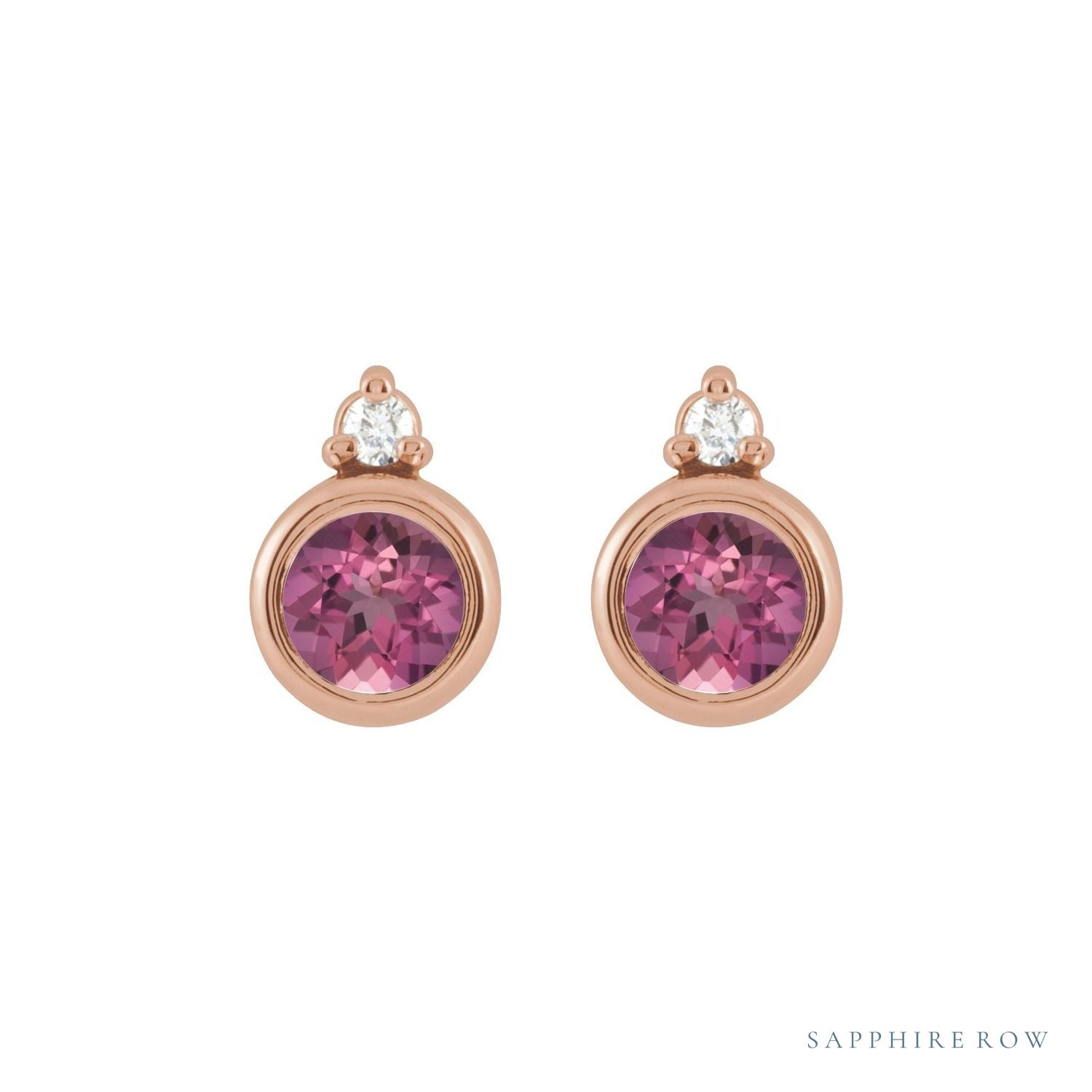 Sapphire Row Natural Gemstone Accented Bezel Earrings - Pink Tourmaline, 14K Rose Gold, 4 mm (view 2)