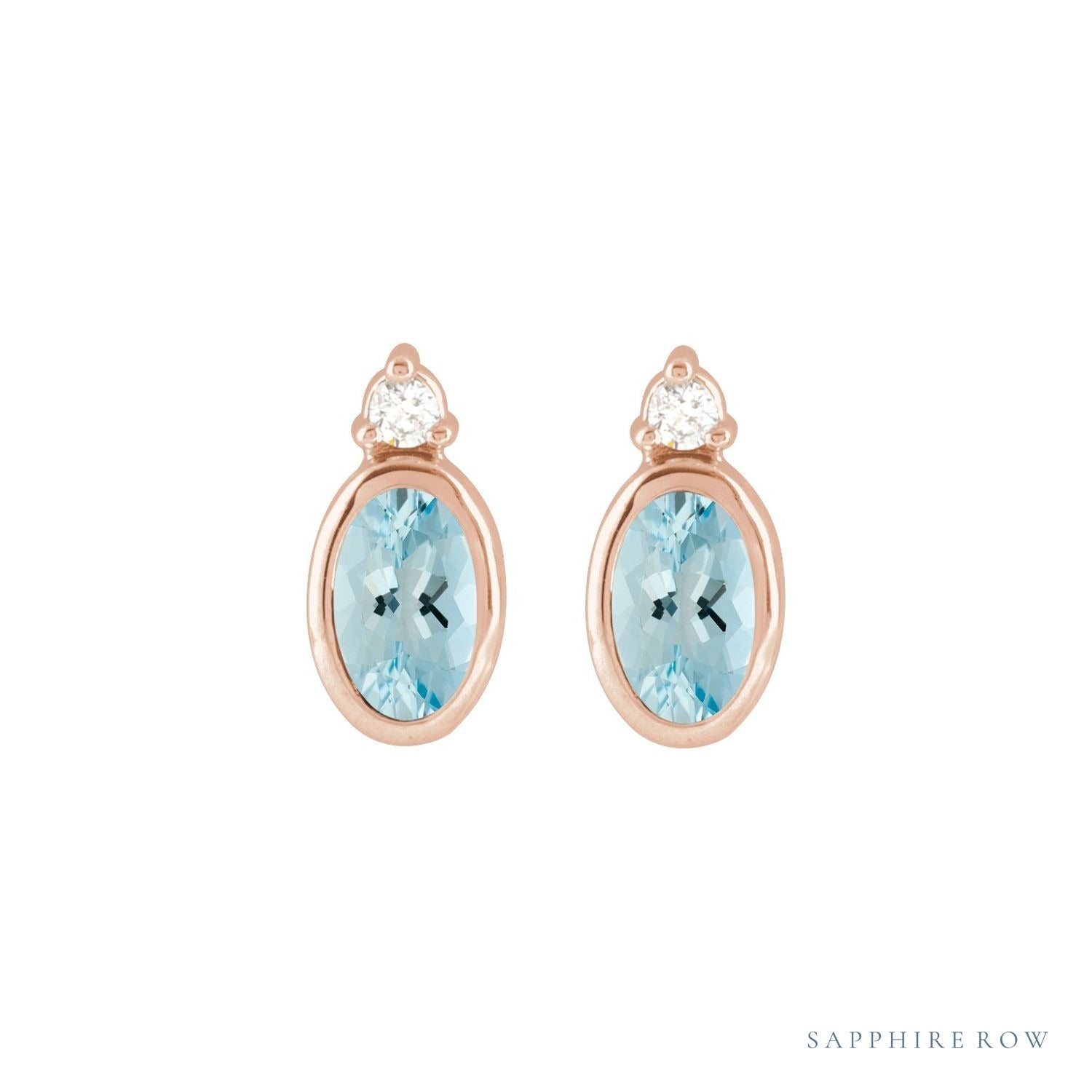 Sapphire Row Natural Gemstone Accented Bezel Earrings - Aquamarine, 14K Rose Gold, 5 x 3 mm (view 2)