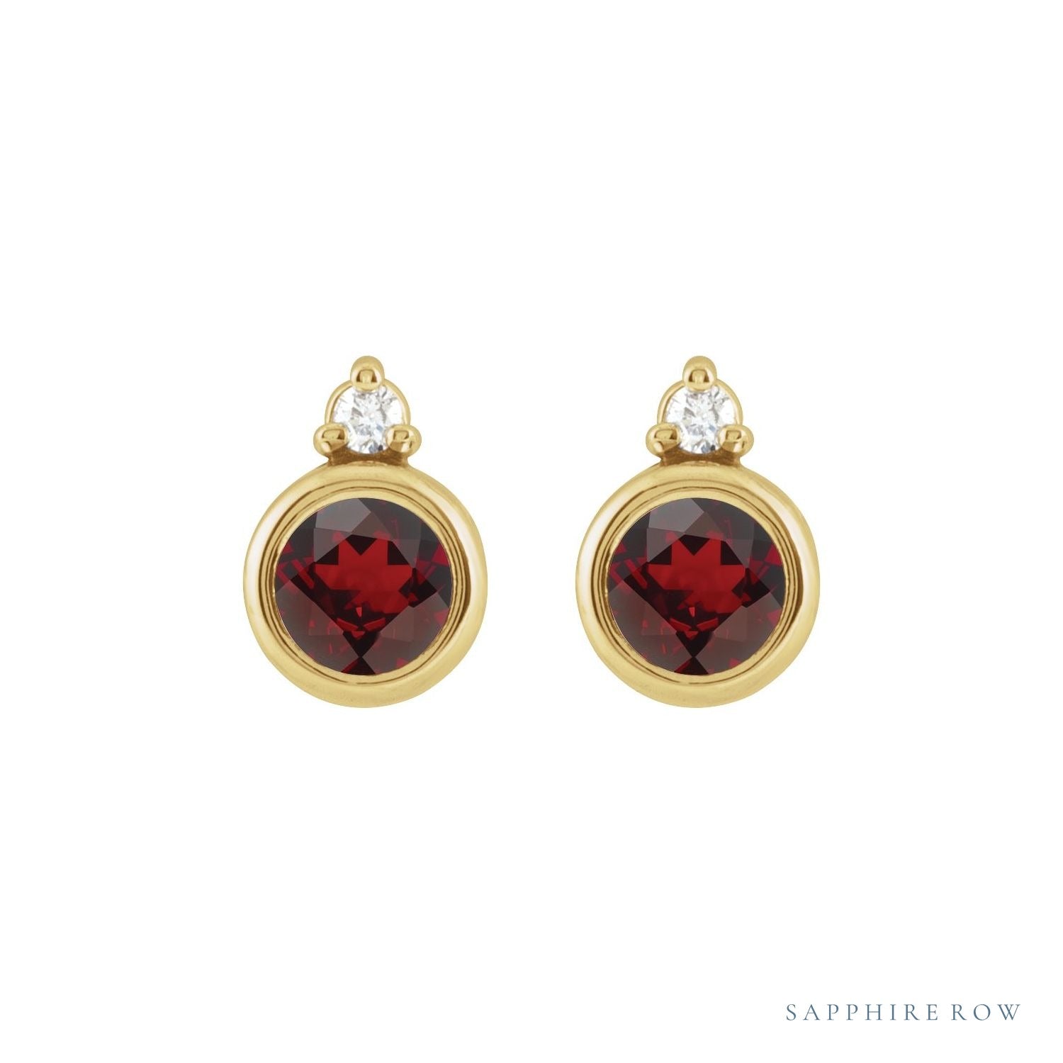 Sapphire Row Natural Gemstone Accented Bezel Earrings - Mozambique Garnet, 14K Yellow Gold, 4 mm (view 2)