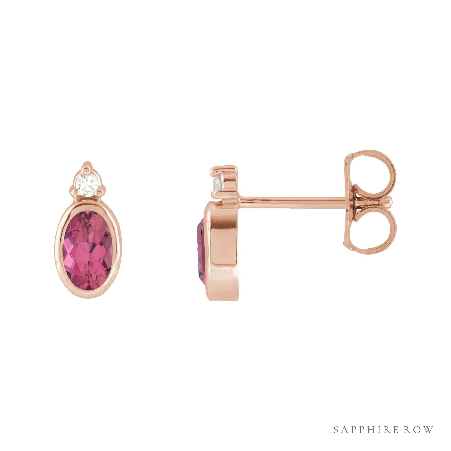 Sapphire Row Natural Gemstone Accented Bezel Earrings - Pink Tourmaline, 14K Rose Gold, 5 x 3 mm