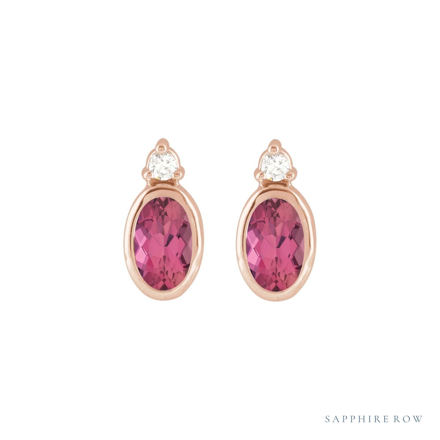Sapphire Row Natural Gemstone Accented Bezel Earrings - Pink Tourmaline, 14K Rose Gold, 5 x 3 mm (view 2)