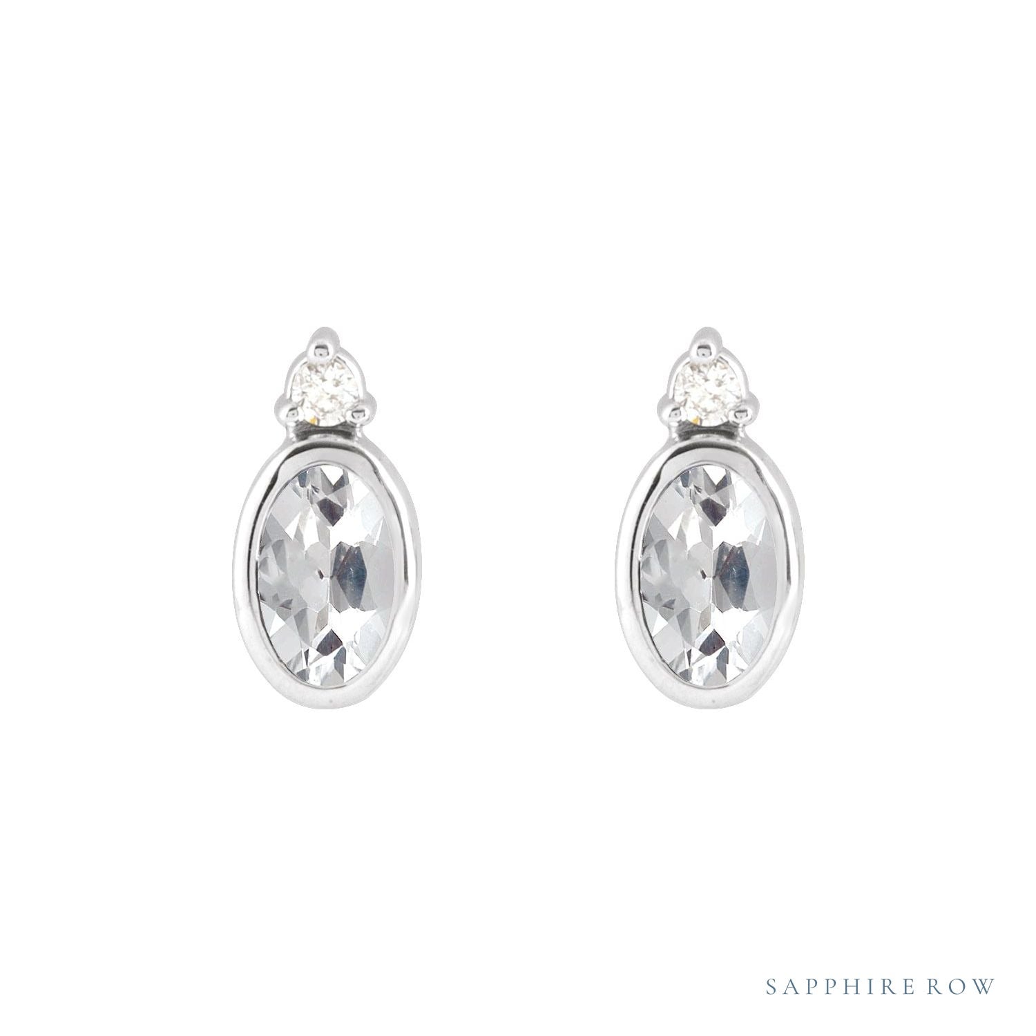 Sapphire Row Natural Gemstone Accented Bezel Earrings - White Sapphire, 14K White Gold, 5 x 3 mm (view 2)