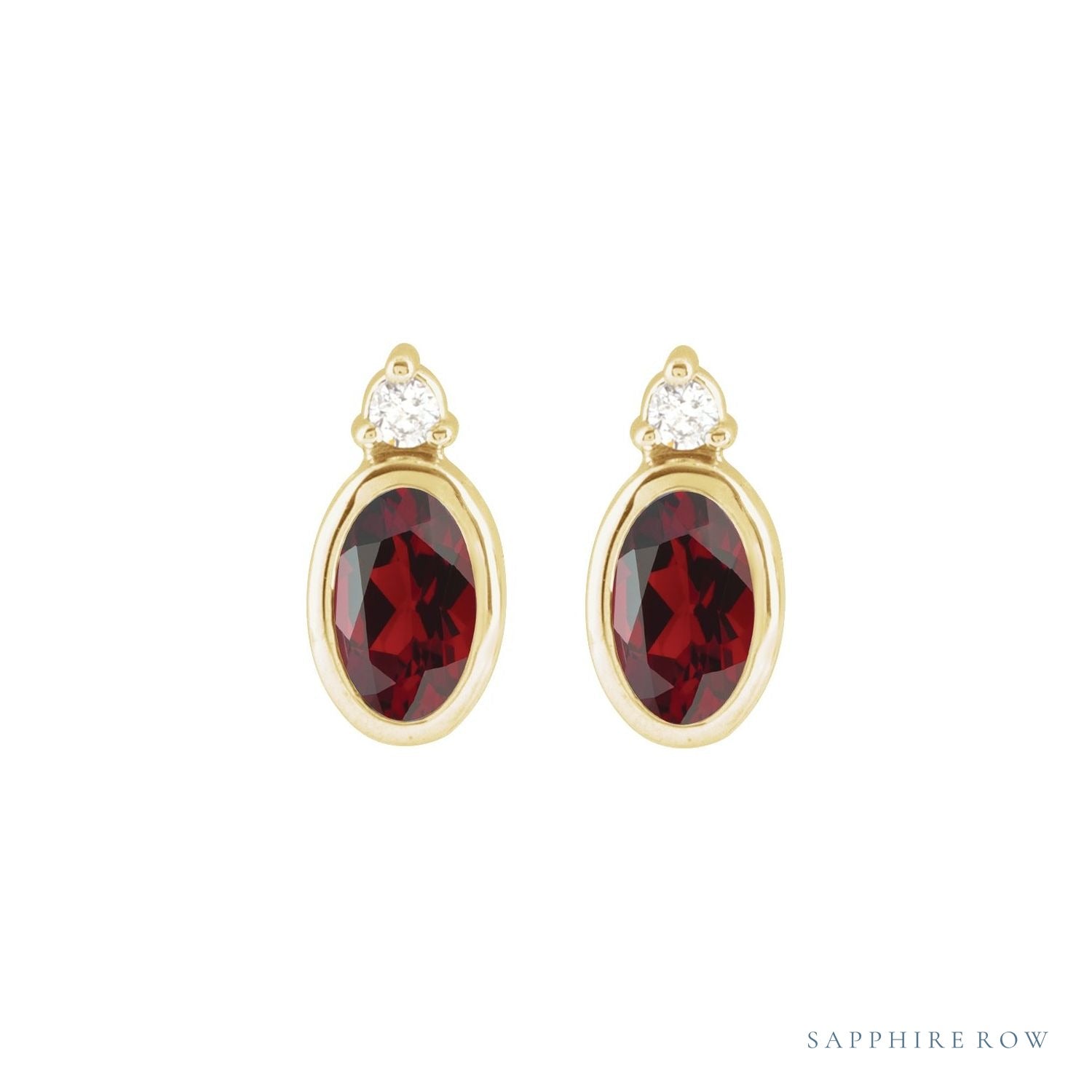 Sapphire Row Natural Gemstone Accented Bezel Earrings - Mozambique Garnet, 14K Yellow Gold, 5 x 3 mm (view 2)