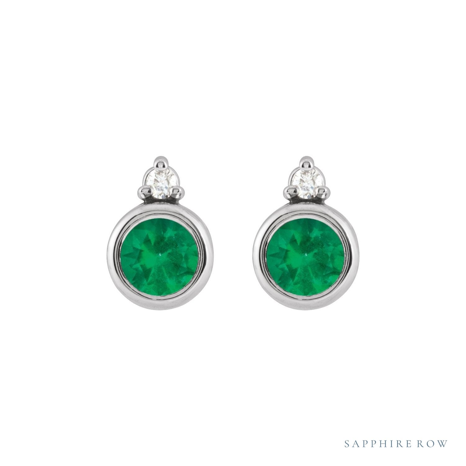 Sapphire Row Natural Gemstone Accented Bezel Earrings - Emerald, 14K White Gold, 4 mm (view 2)