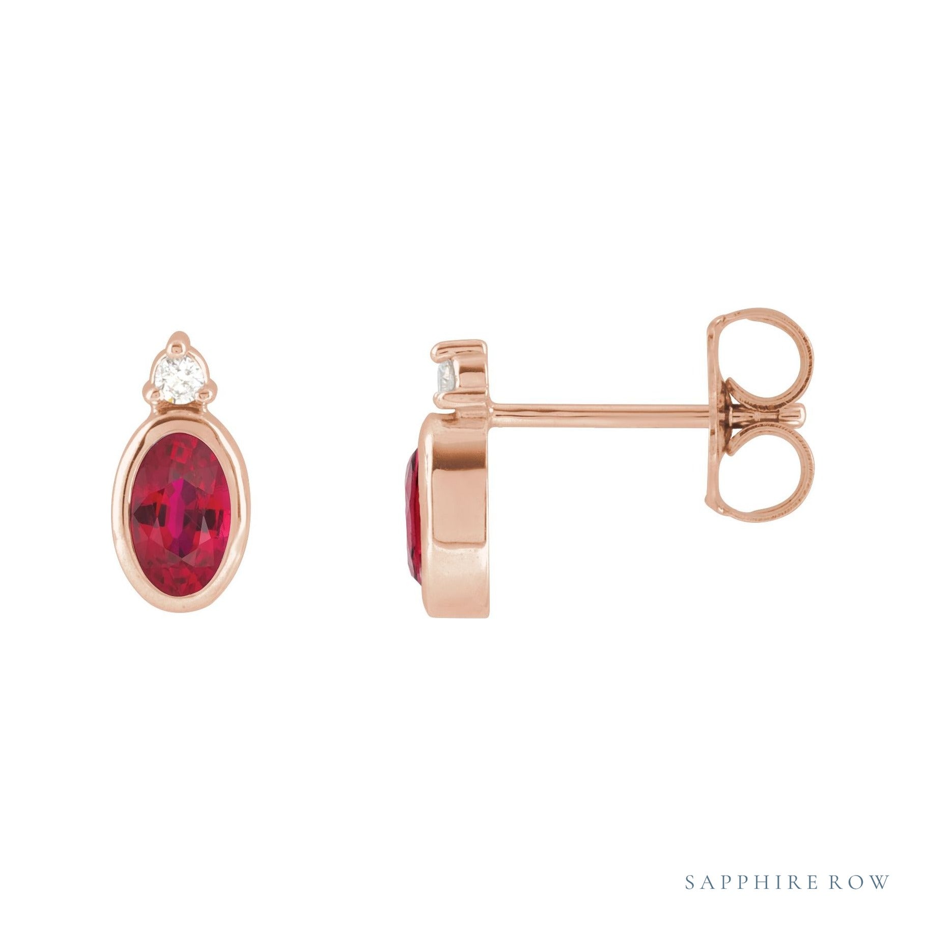 Sapphire Row Natural Gemstone Accented Bezel Earrings - Ruby, 14K Rose Gold, 5 x 3 mm