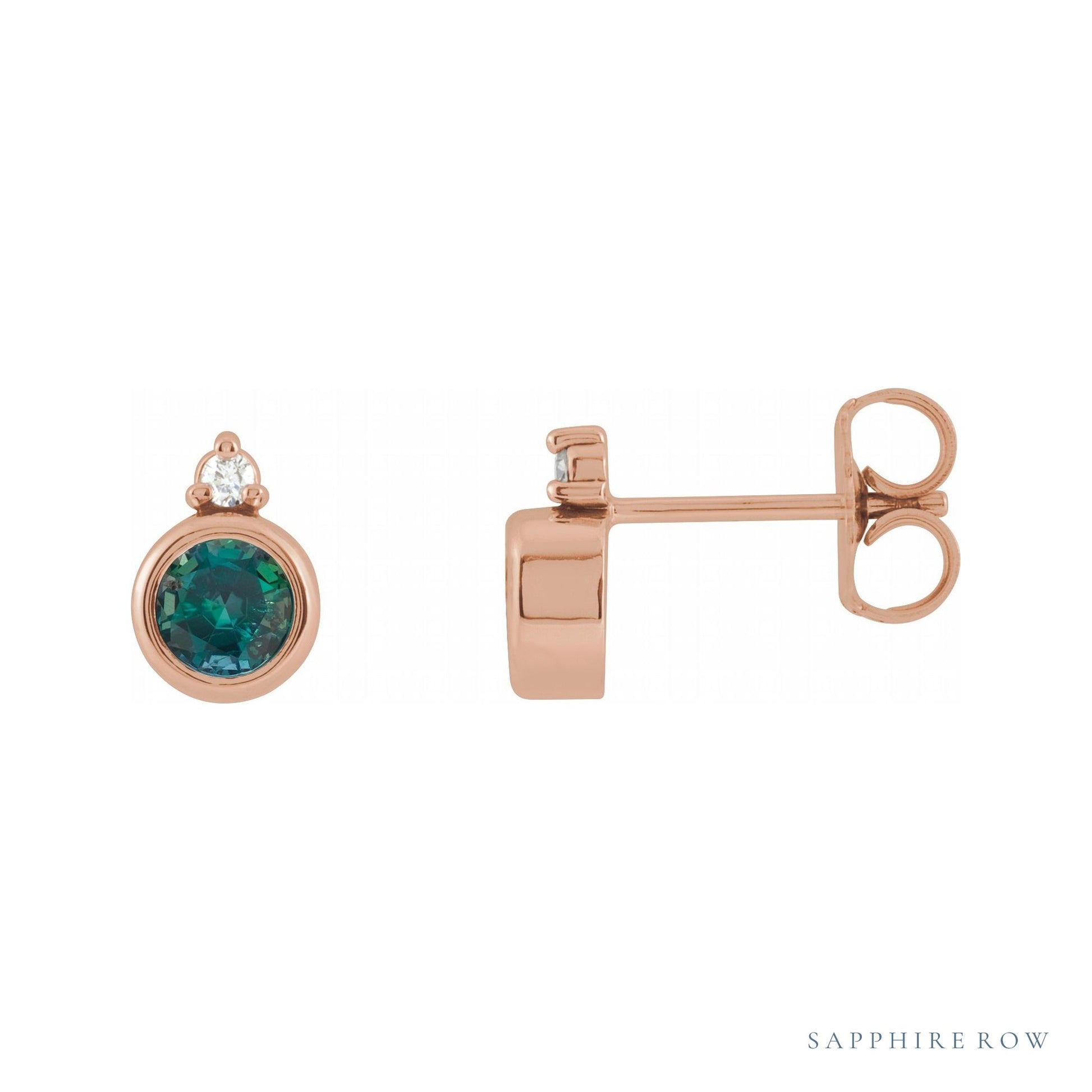 Sapphire Row Lab-Grown Gemstone Accented Bezel Earrings - Alexandrite, 14K Rose Gold, 4 mm