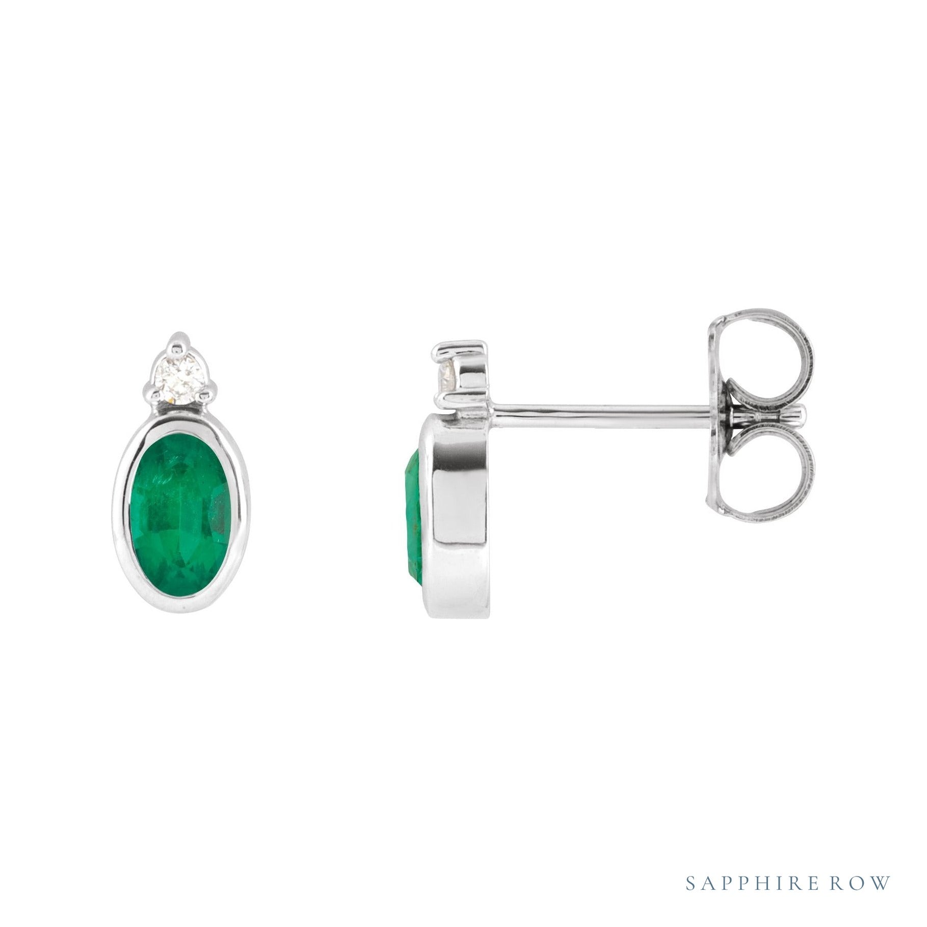 Sapphire Row Lab-Grown Gemstone Accented Bezel Earrings - Emerald, Platinum, 5 x 3 mm