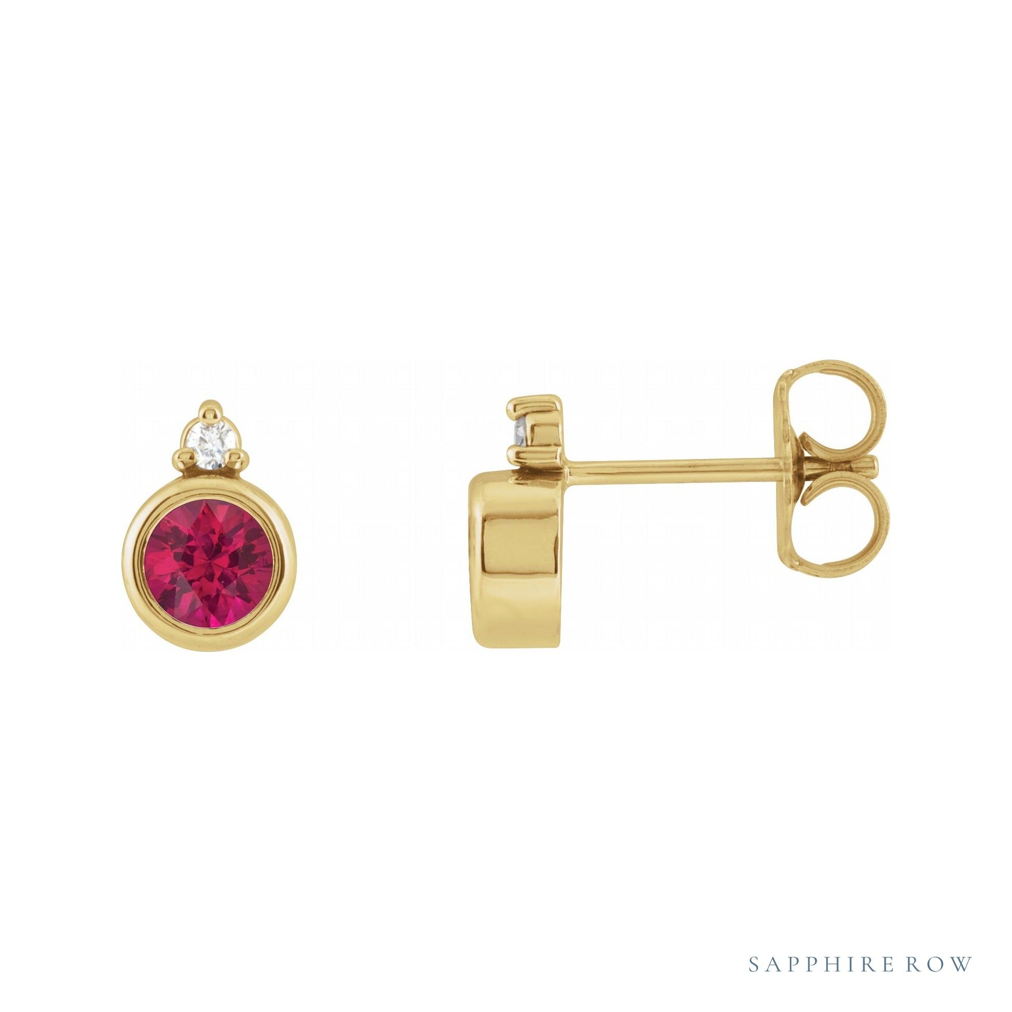 Sapphire Row Lab-Grown Gemstone Accented Bezel Earrings - Ruby, 14K Yellow Gold, 4 mm