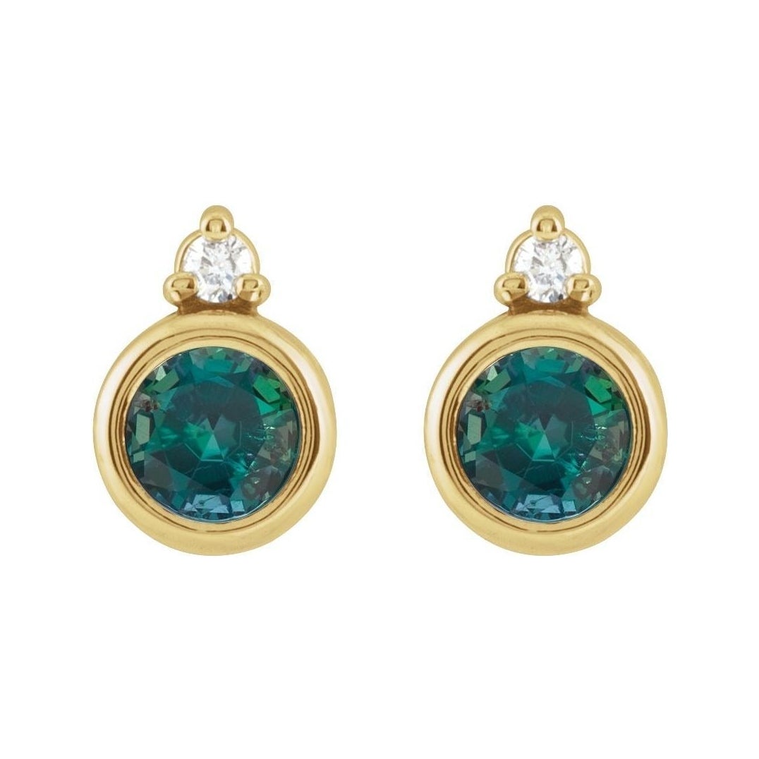 Sapphire Row Lab-Grown Gemstone Accented Bezel Earrings - Alexandrite, 14K Yellow Gold, 4 mm (view 2)