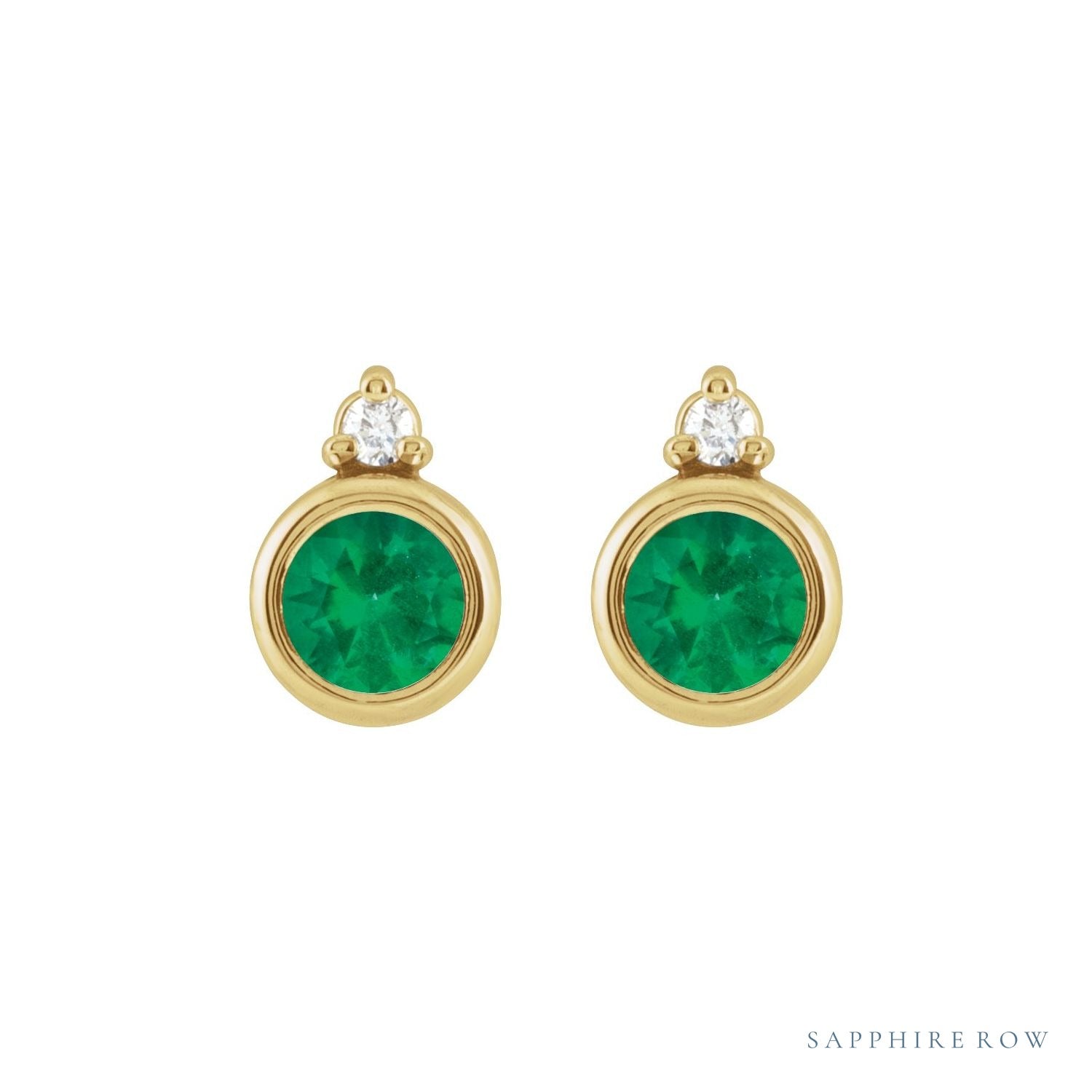 Sapphire Row Lab-Grown Gemstone Accented Bezel Earrings - Emerald, 14K Yellow Gold, 4 mm (view 2)