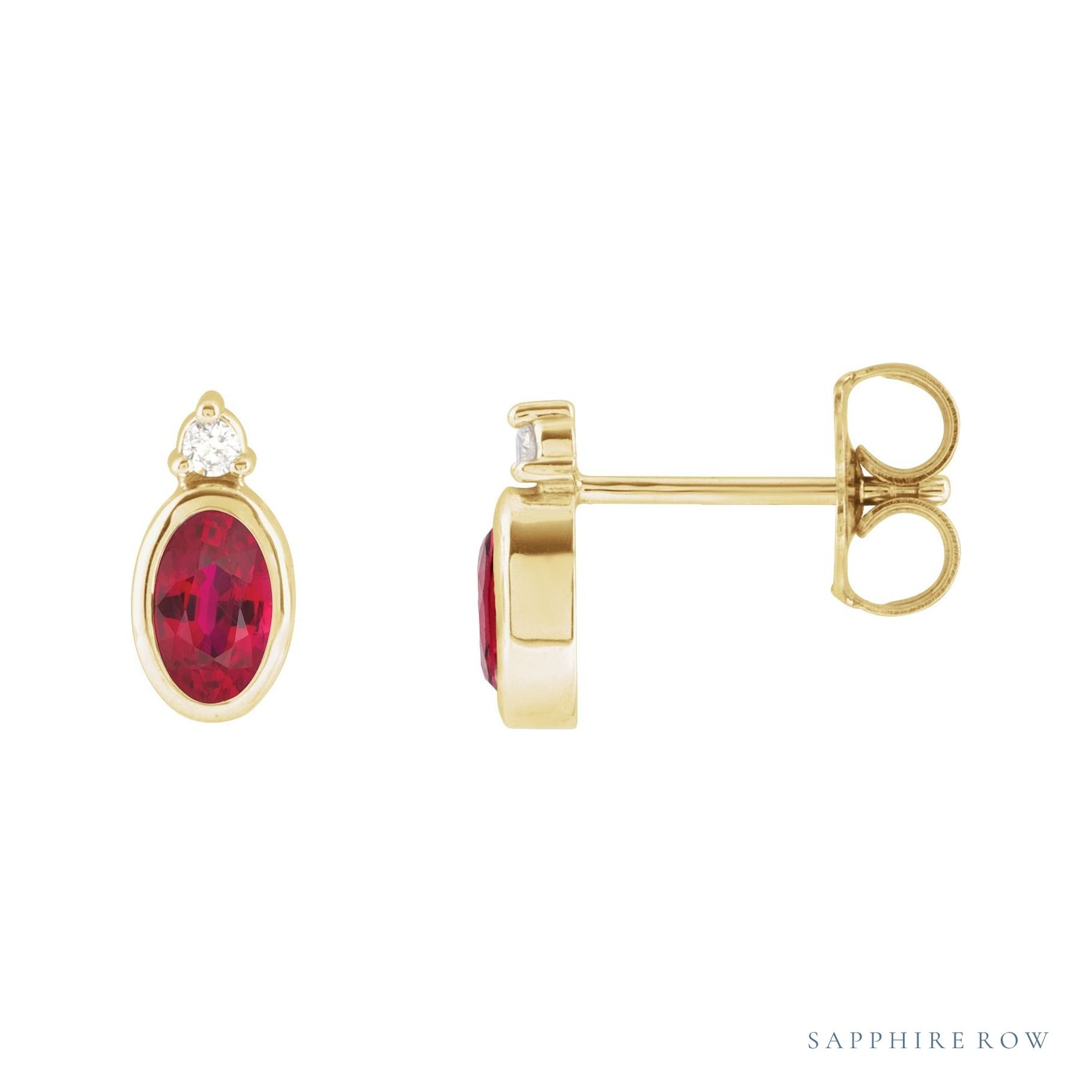 Sapphire Row Lab-Grown Gemstone Accented Bezel Earrings - Ruby, 14K Yellow Gold, 5 x 3 mm