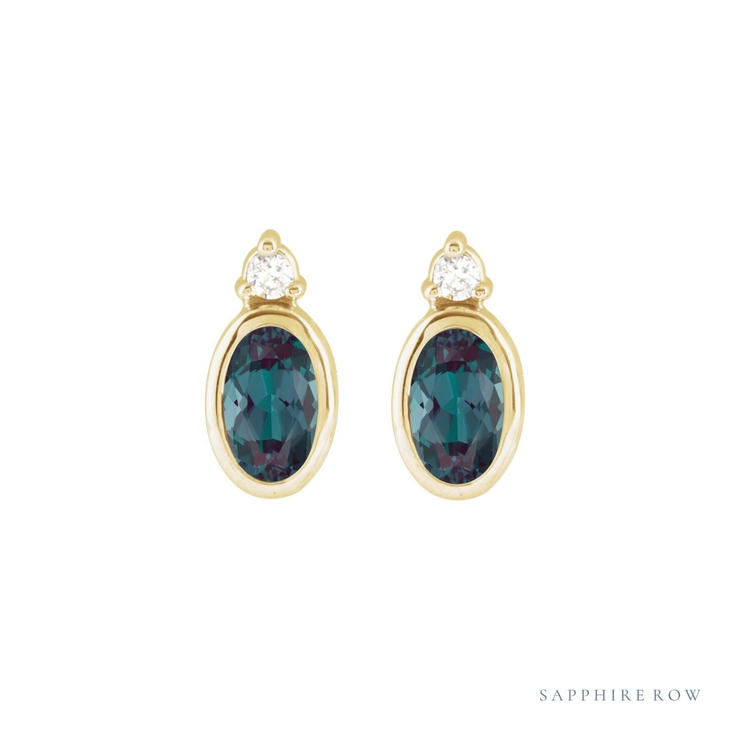 Sapphire Row Lab-Grown Gemstone Accented Bezel Earrings - Alexandrite, 14K Yellow Gold, 5 x 3 mm (view 2)