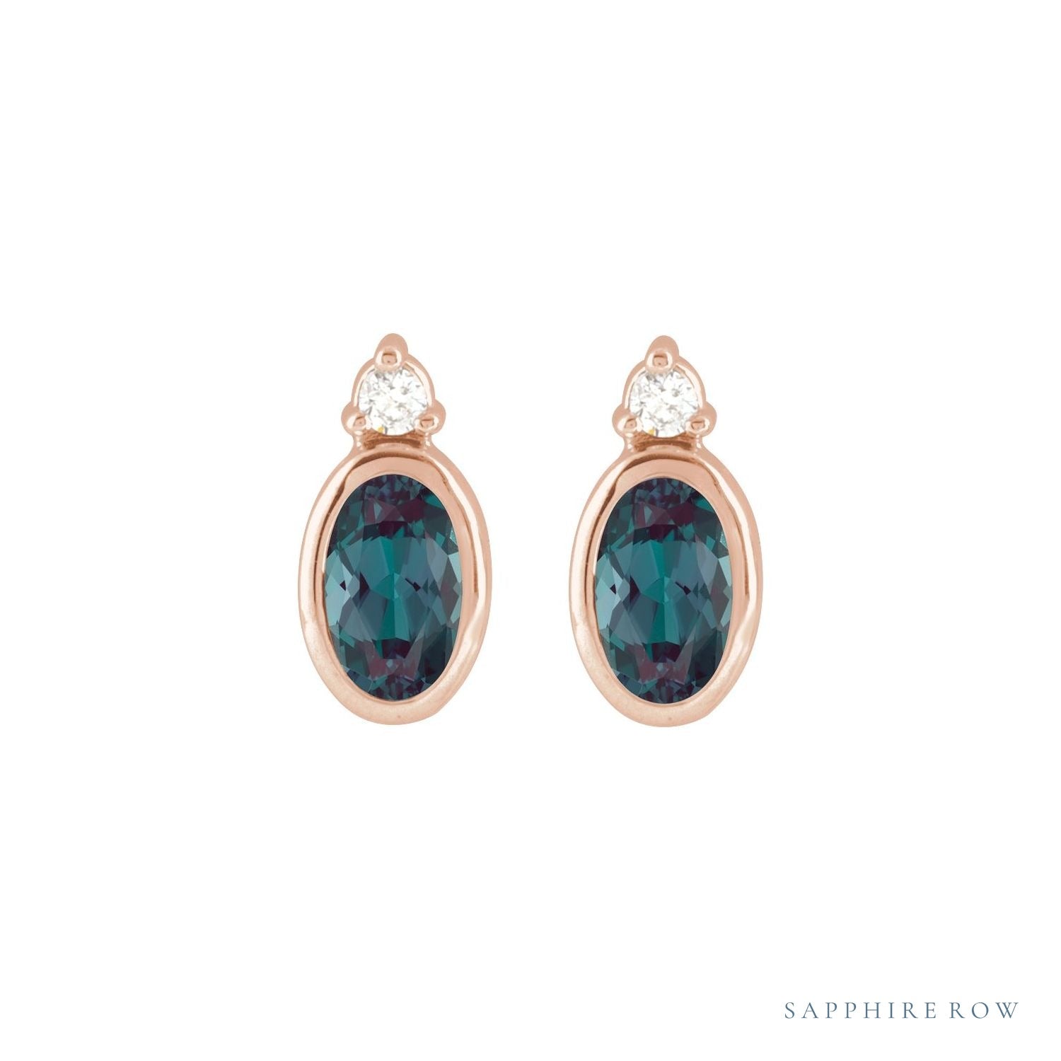 Sapphire Row Lab-Grown Gemstone Accented Bezel Earrings - Alexandrite, 14K Rose Gold, 5 x 3 mm (view 2)