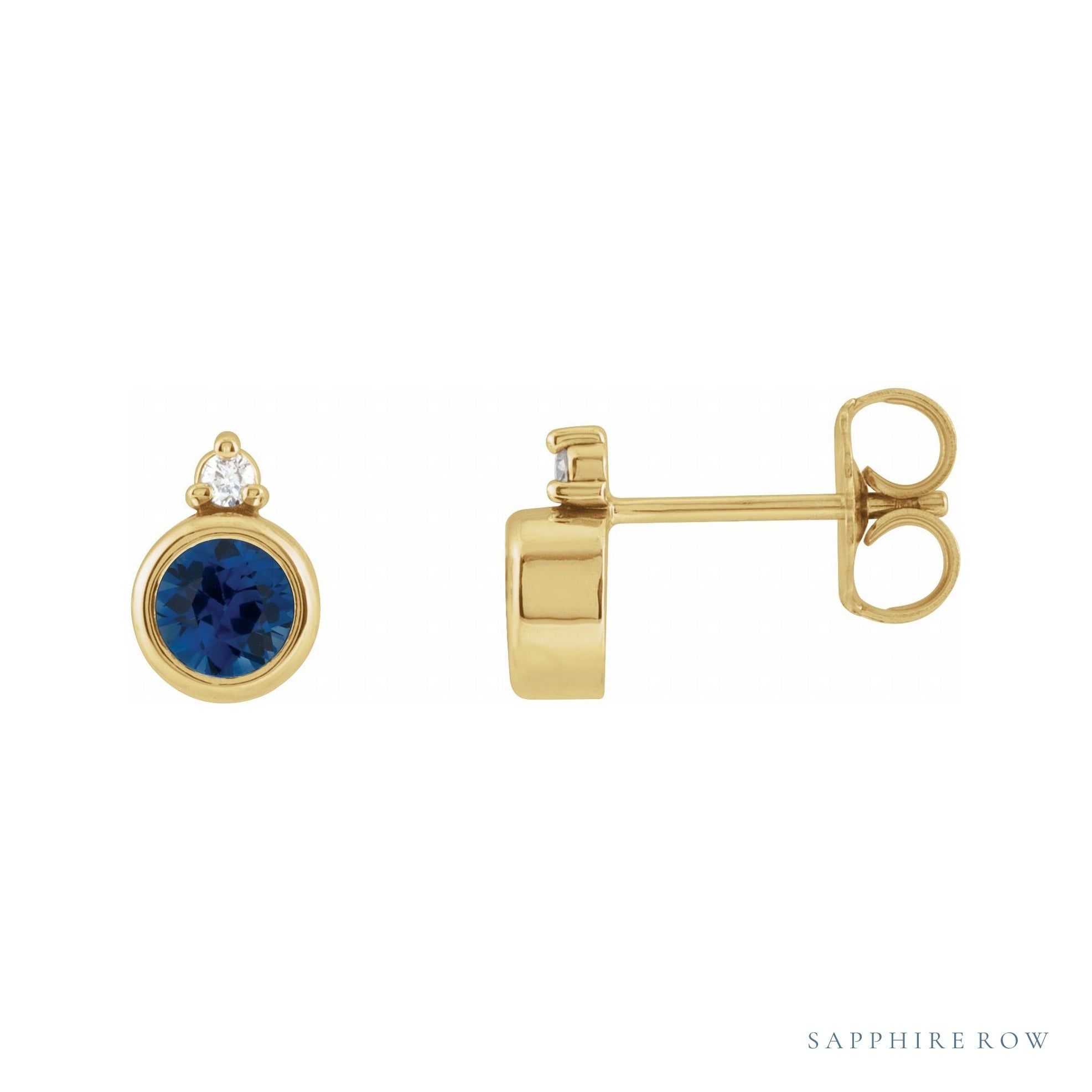 Sapphire Row Lab-Grown Gemstone Accented Bezel Earrings - Blue Sapphire, 14K Yellow Gold, 4 mm