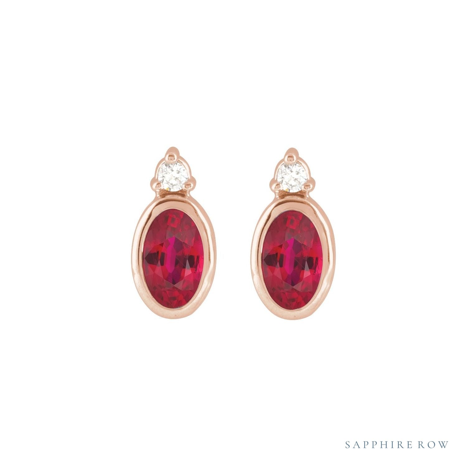 Sapphire Row Lab-Grown Gemstone Accented Bezel Earrings - Ruby, 14K Rose Gold, 5 x 3 mm (view 2)