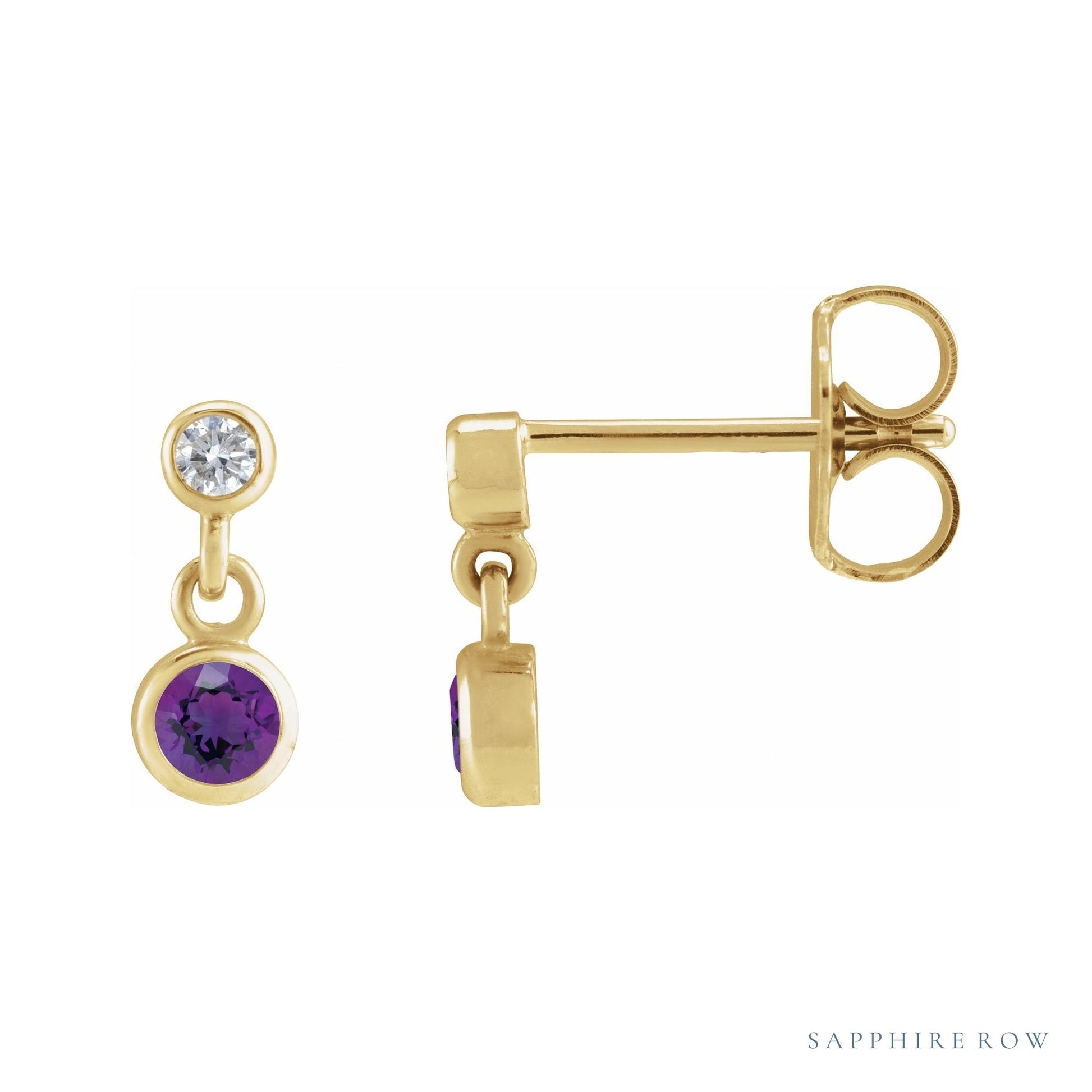 Sapphire Row Natural Gemstone Two-Stone Bezel Earrings - Amethyst, 14K Yellow Gold