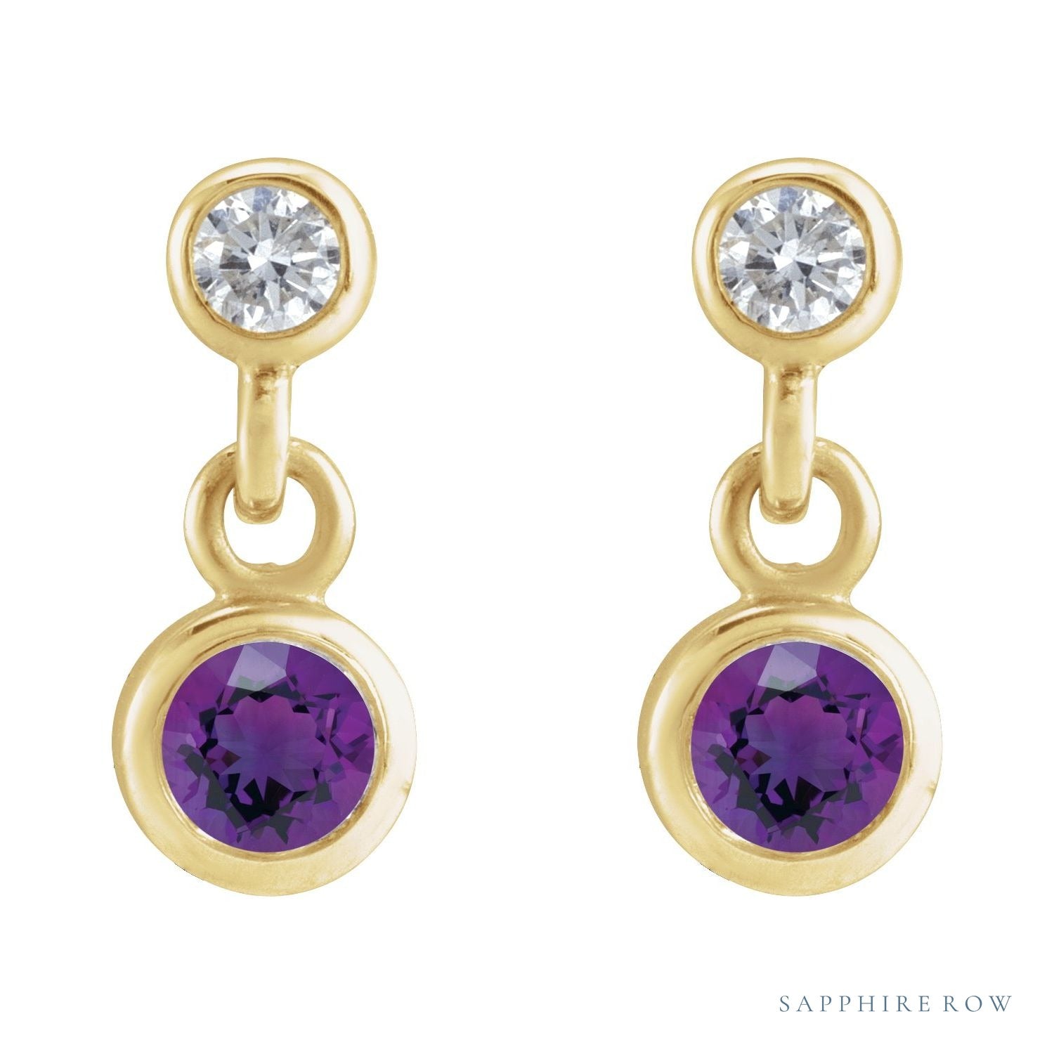Sapphire Row Natural Gemstone Two-Stone Bezel Earrings - Amethyst, 14K Yellow Gold (view 2)