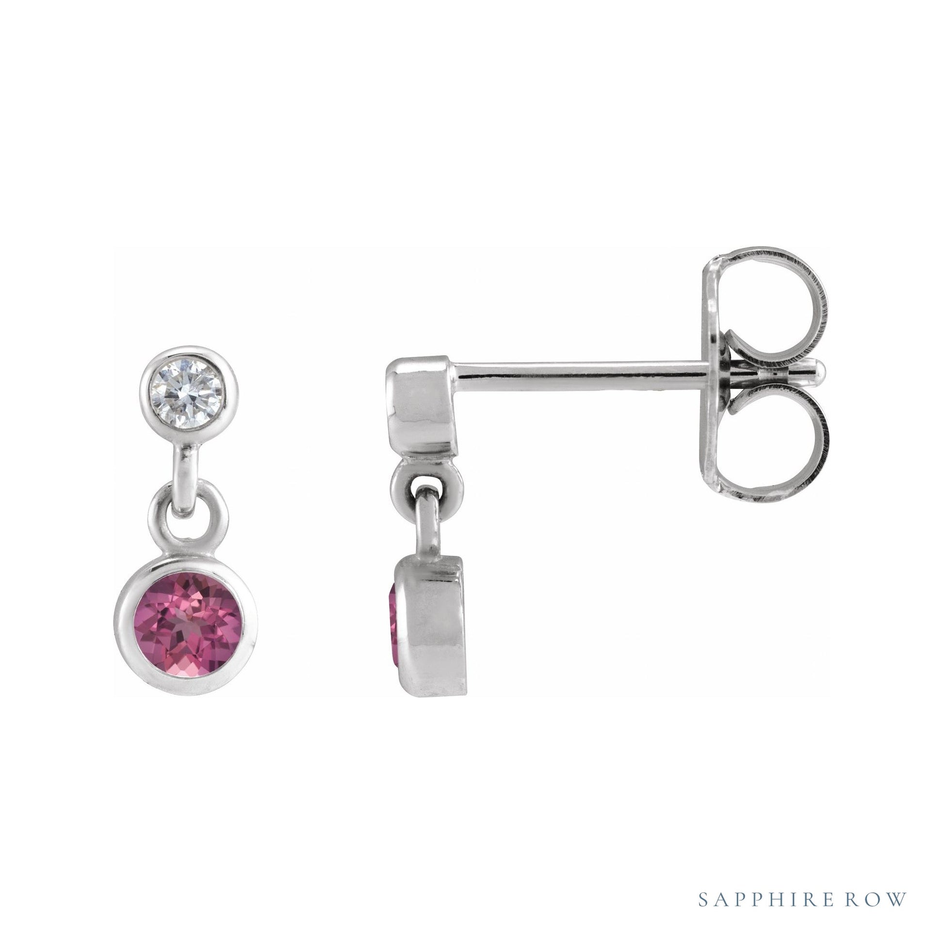 Sapphire Row Natural Gemstone Two-Stone Bezel Earrings - Pink Tourmaline, Platinum